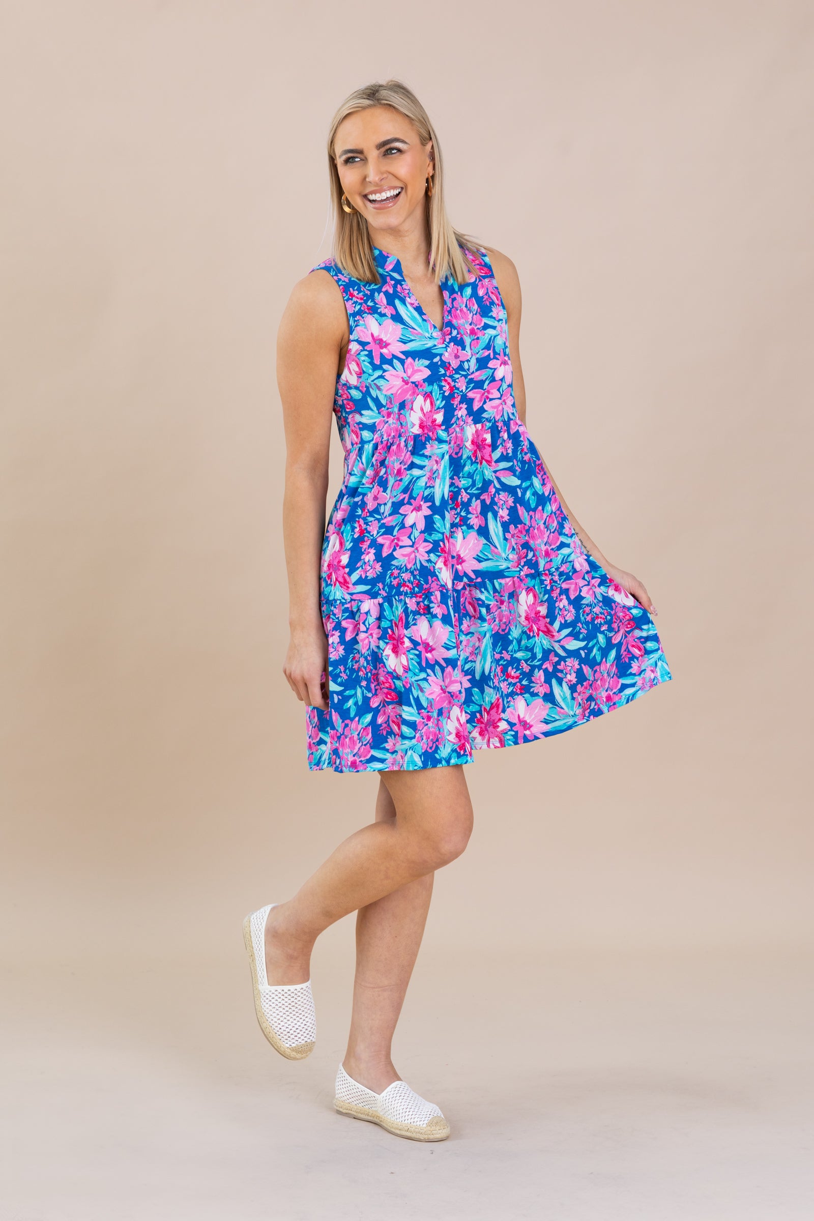 Blue Floral Tiered Wrinkle Free Dress