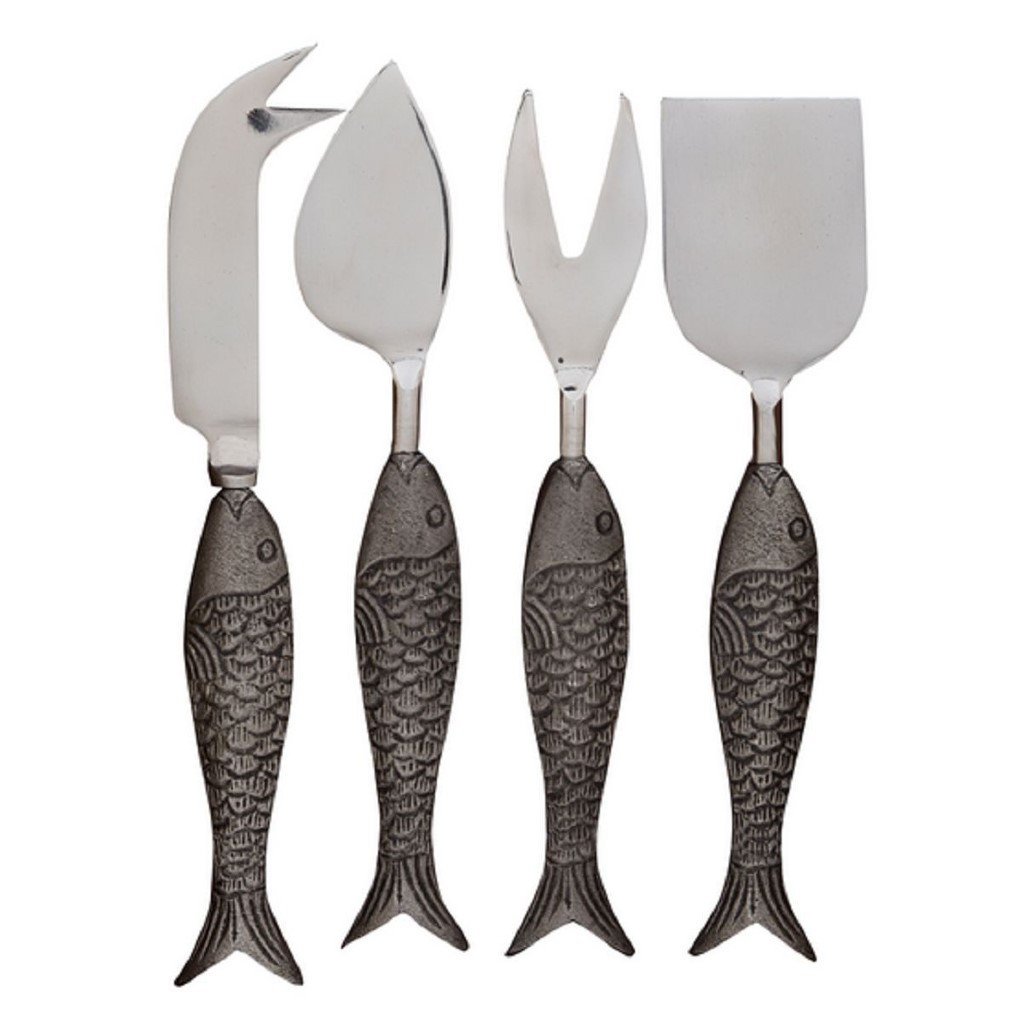 4 Piece Hand Finished Metal Cheese Set with Fish Design Handles