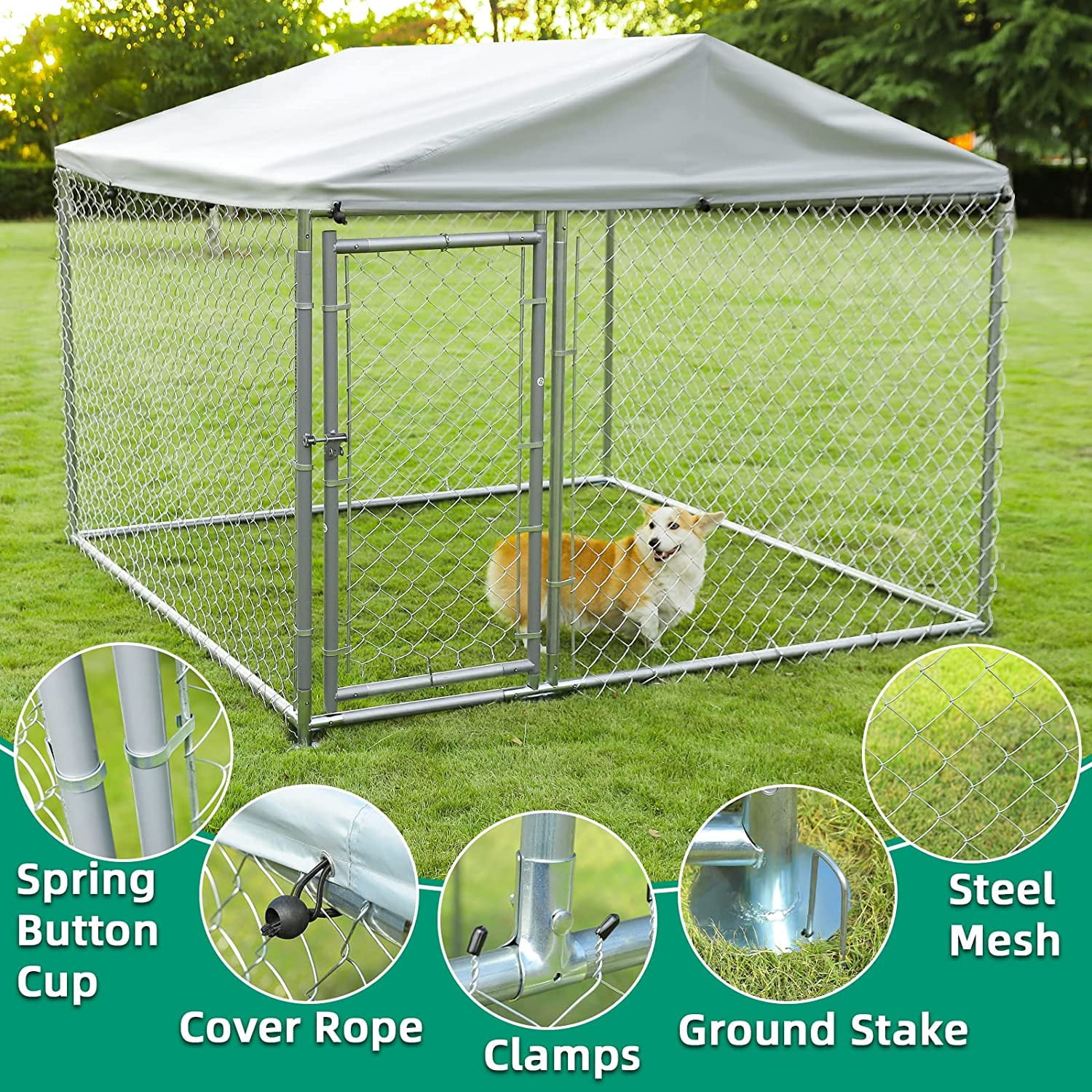 VIVIJASON Outdoor Large Dog Kennel Heavy Duty Fence Dog Cage with Galvanized Chain Link， Outside Pen Playpen Dog Run House with UV and Waterproof Cover and Secure Lock for Backyard