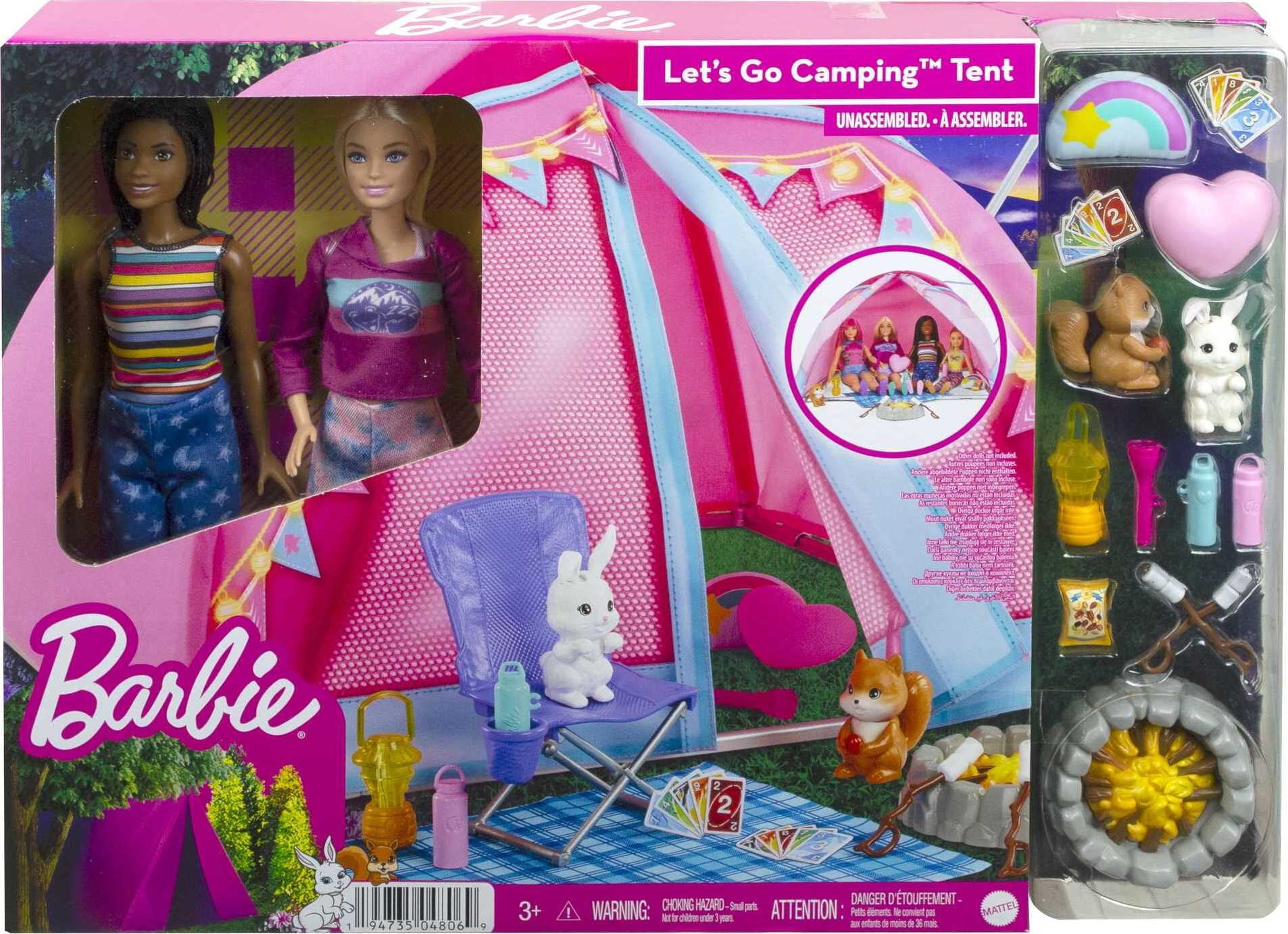 Barbie It Takes Two Let's Go Camping Tent Playset with Brooklyn & Malibu Dolls & 20 Accessories