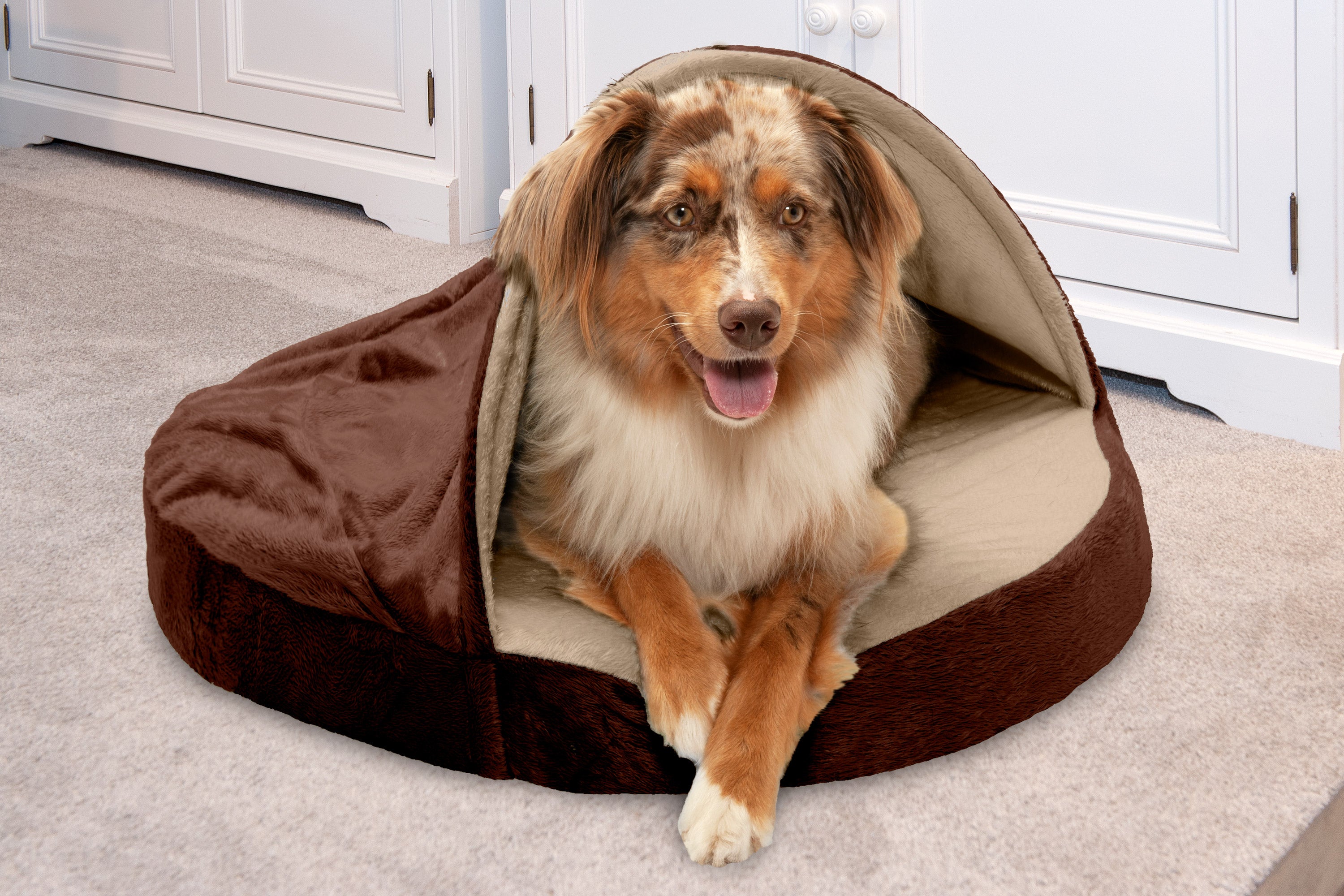 FurHaven Pet Dog Bed | Orthopedic Microvelvet Snuggery Burrow Pet Bed for Dogs and Cats， Espresso， 26-inch