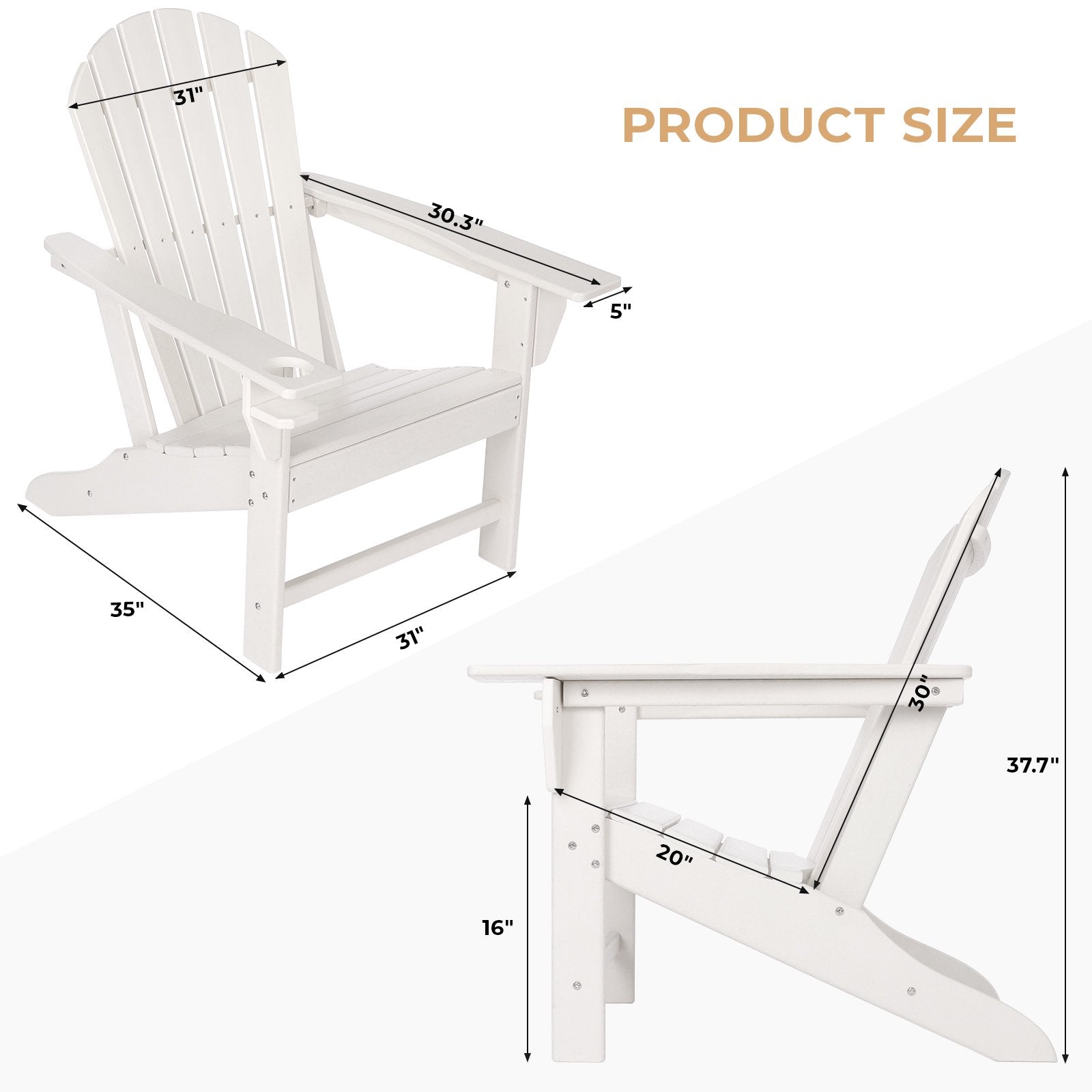Arlopu HDPE Adirondack Chair with Cup Holder， All Weather Outdoor Patio Furniture