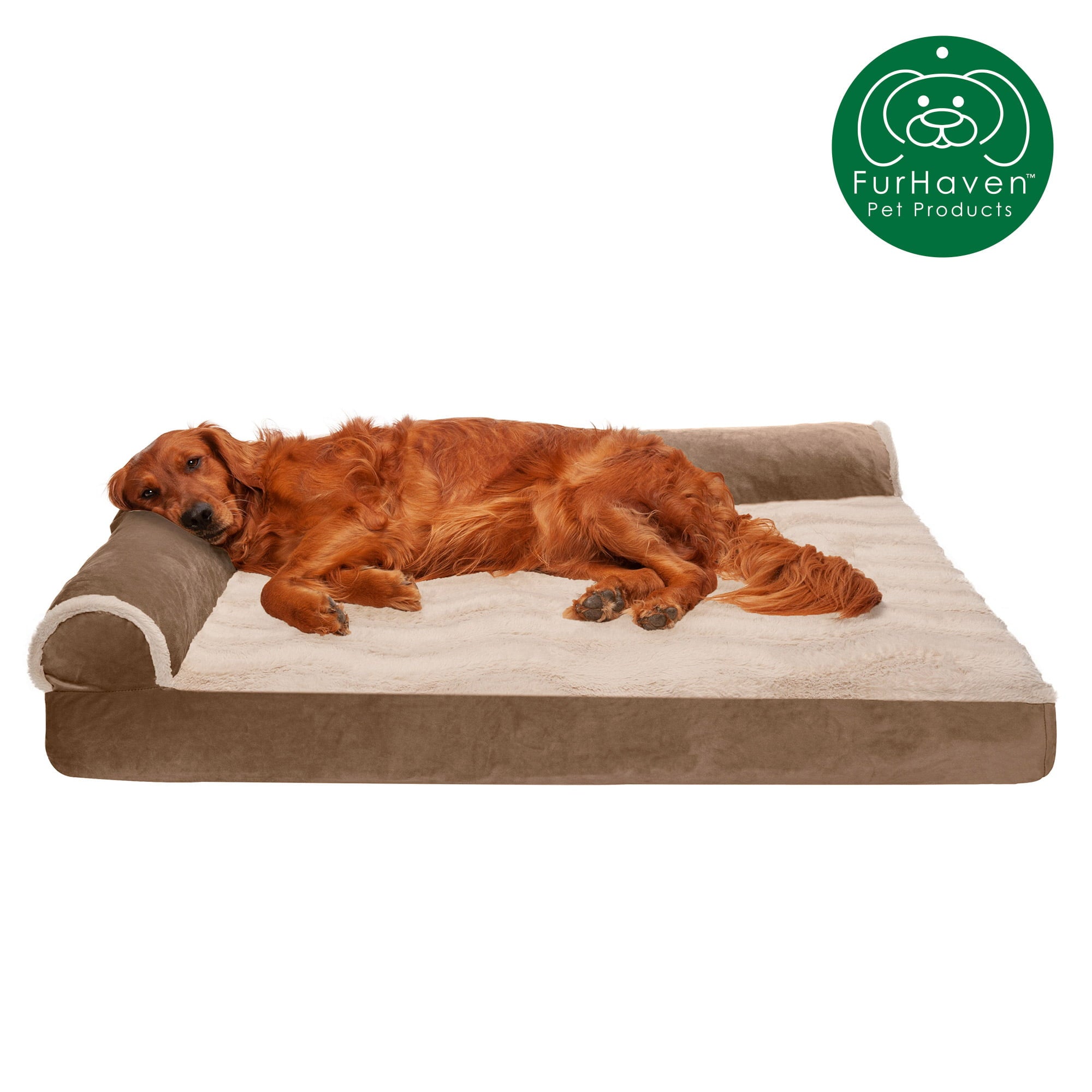 FurHaven | Deluxe Cooling Gel Wave Fur and Velvet L-Chaise Lounge Pet Bed for Dogs and Cats， Brownstone， Jumbo
