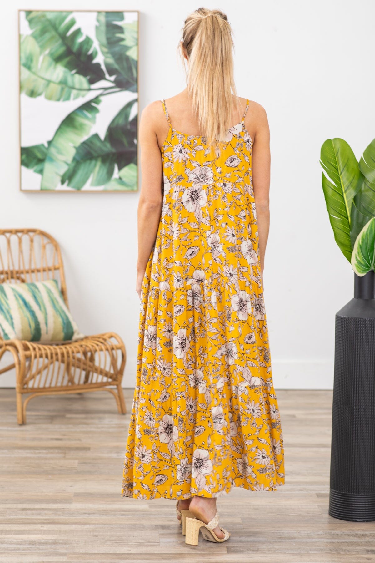 Mustard Floral Print Maxi Dress