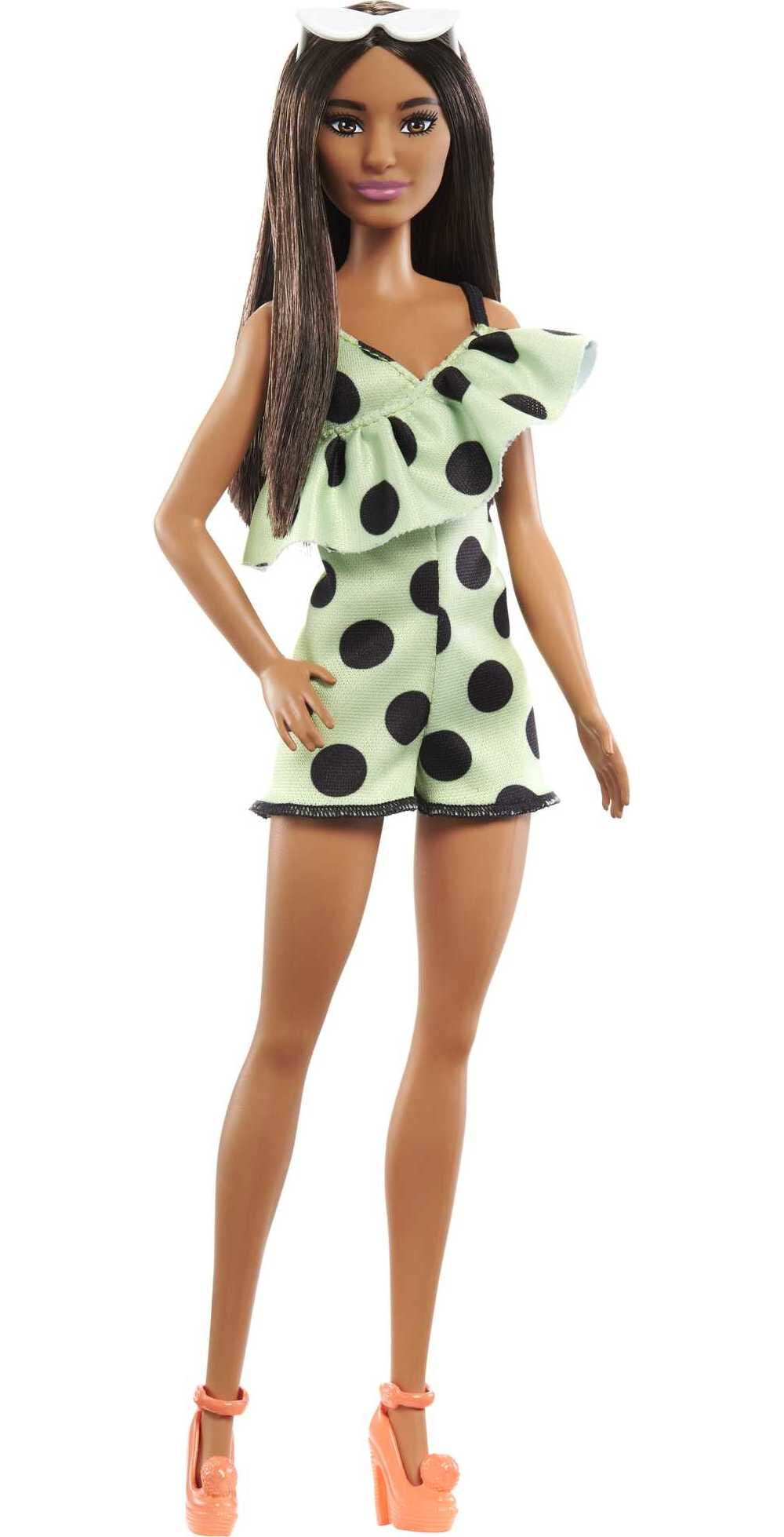 Barbie Fashionistas Doll #200 in Lime Green Polka Dot Romper with Brunette Hair & Accessories