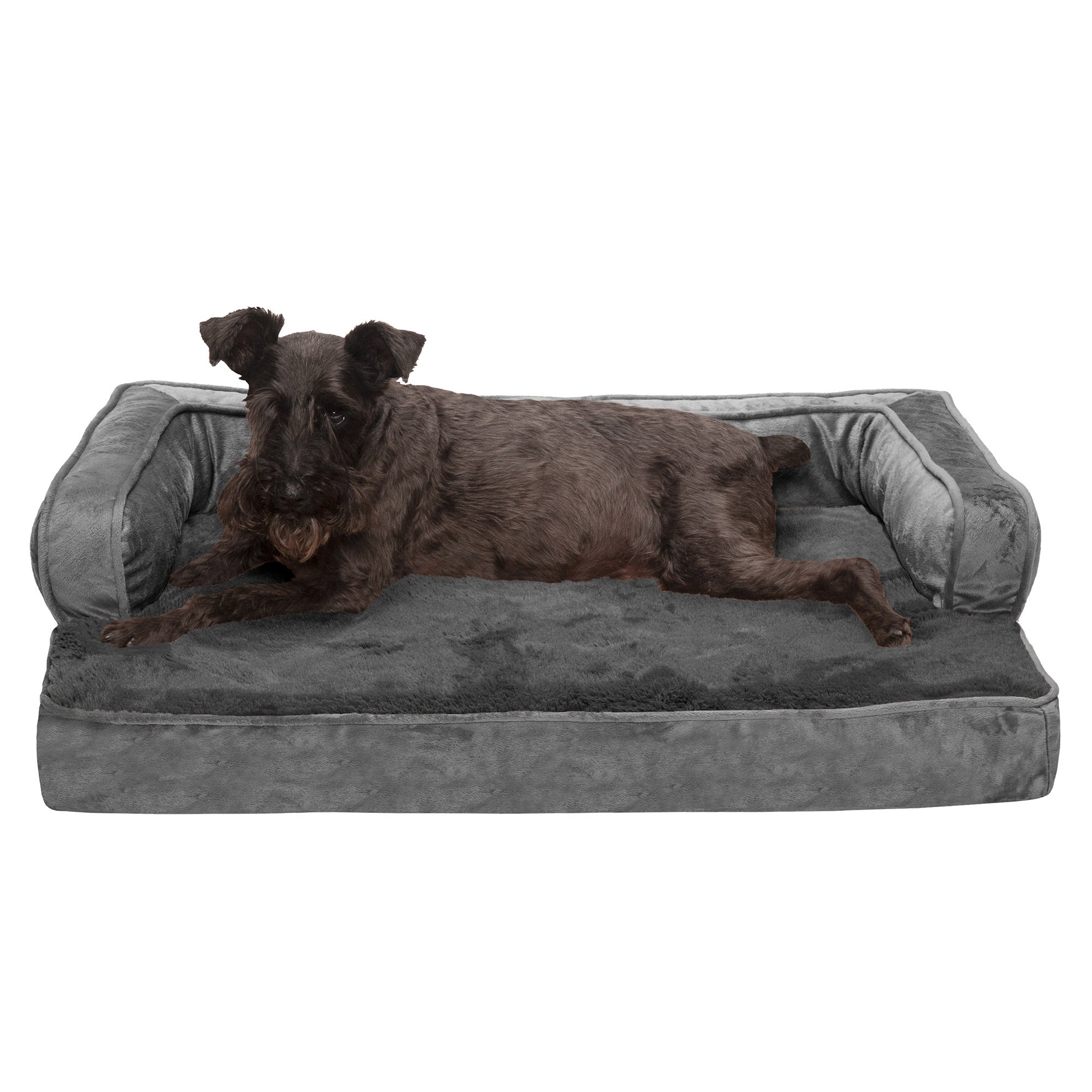 FurHaven Pet Products | Orthopedic Plush and Velvet Comfy Couch Sofa-Style Pet Bed for Dogs and Cats， Dark Gray， Medium
