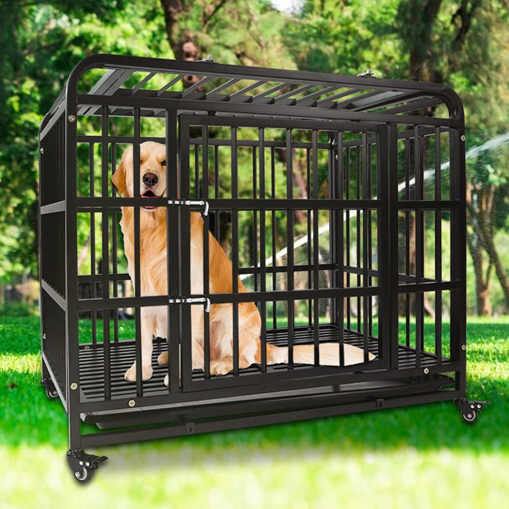 SMONTER 38 Inch Heavy Duty Dog Crate - Indestructible Dog Crate for Large Dog Strong Metal Dog Kennel Training Dog Cage Easy to Assemble Pet Playpen with Wheels Double Doors Removable Tray， Black