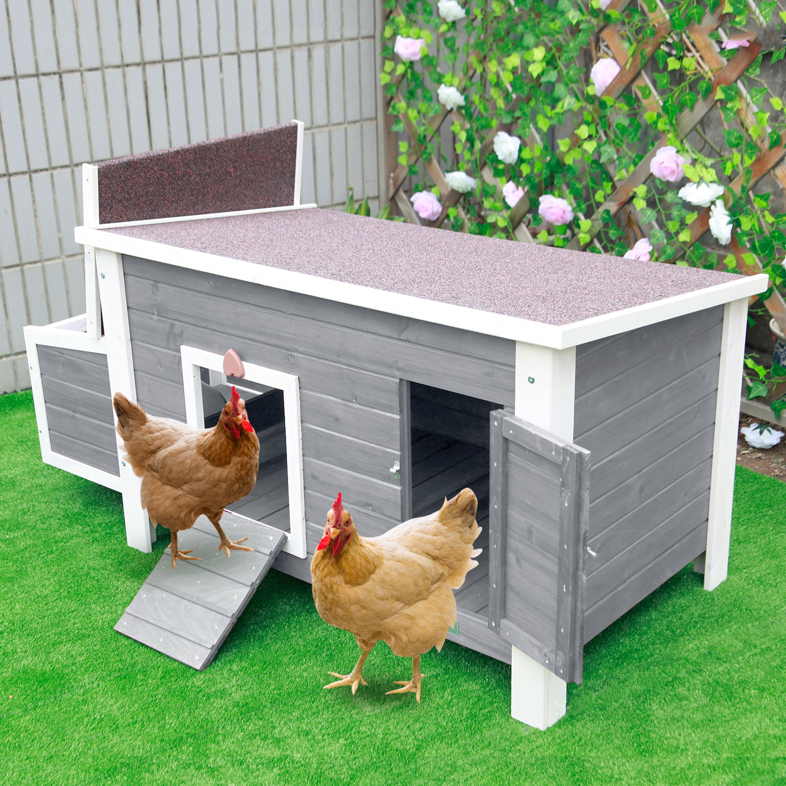 Petsfit Wooden Chicken Coop with Nesting Box，Weatherproof Poultry Cage， Rabbit Hutch Gray