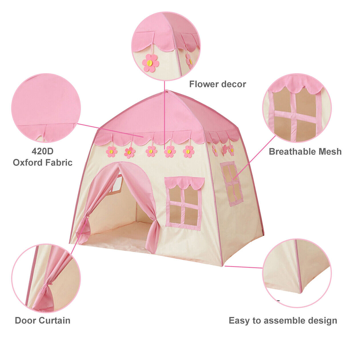 Playhouse Tent for Girls with Lights,Kids Castle Play Tent with Star Lights Toy for Children Indoor and Outdoor Games,420D Thick Oxford Fabric Pink Castle