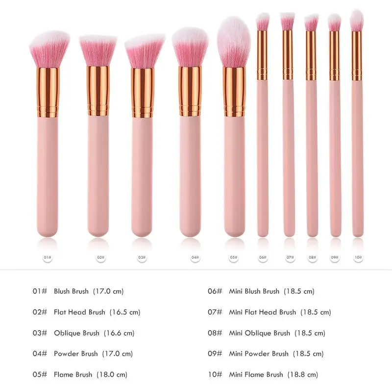 10pcs Pink Wood Handle Eyeshadow Foundation Makeup Brushes Set