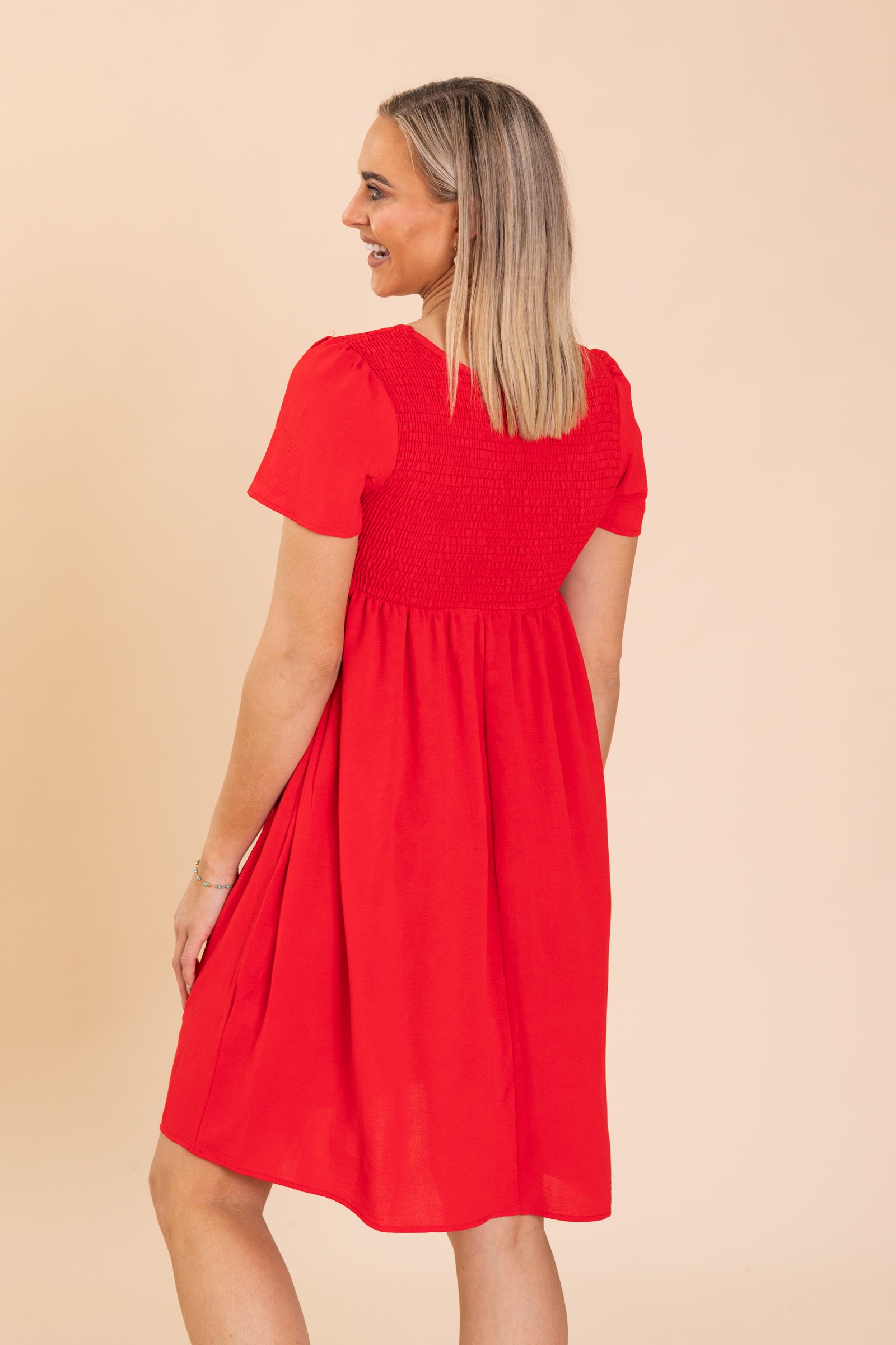 Flowy Skirt Smocked Bodice Midi Woven Dress