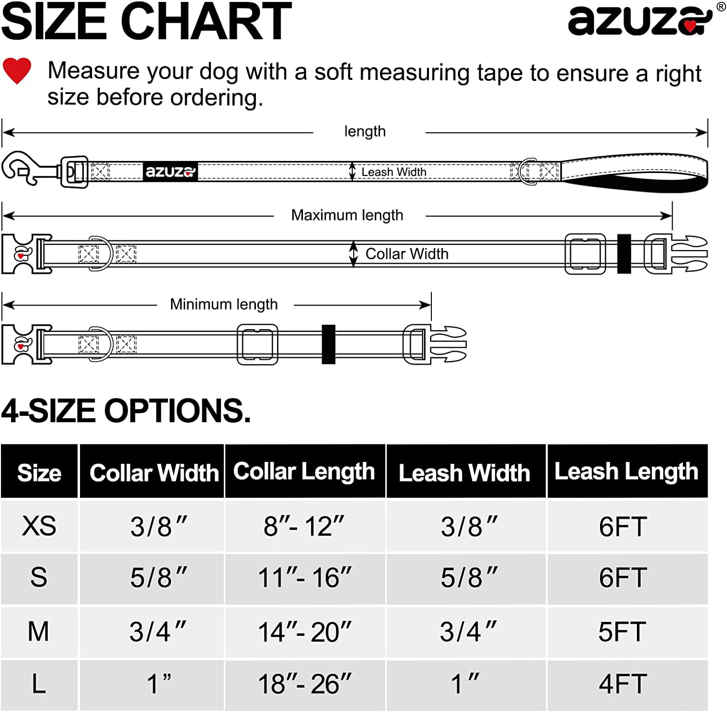 Azuza Dog Collar and Leash Set Nylon Collar Leash for Small Medium and Large Dogs