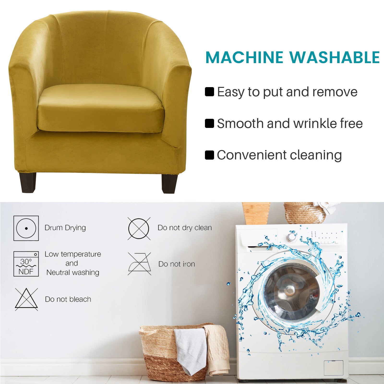 SHANNA Velvet Tub Chair Covers, 2 Pieces Stretch Modern Armchair Slipcovers Non Slip Sofa Couch Slipcover for Club Bar Counter Living Room Reception,With Separate Cushion Cover, Yellow 1 Pack