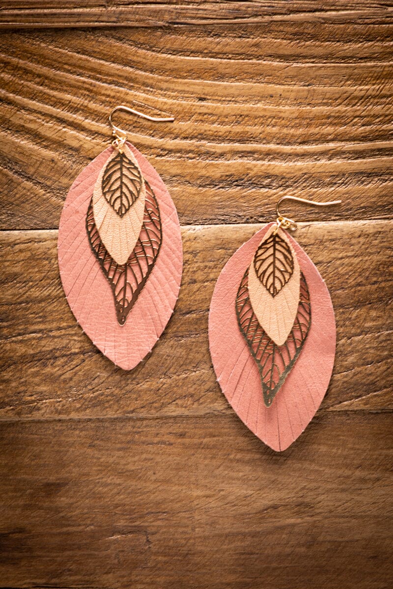 Dusty Rose and Gold Feather Shape Earrings