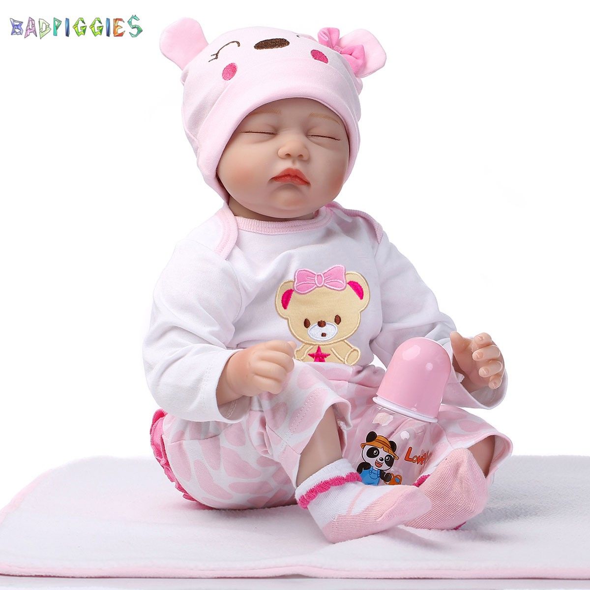BadPiggies 22" Lifelike Realistic Reborn Sleeping Baby Doll with Clothes Handmade Silicone Vinyl Toy Xmas Gift for Girls Age 3+