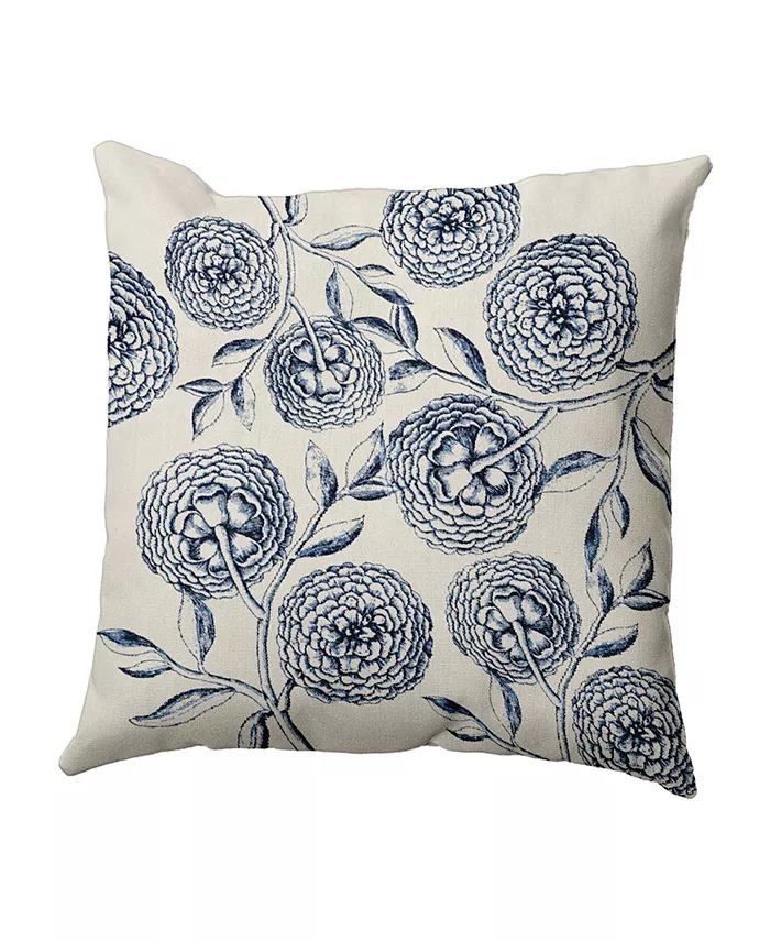 E by Design Antique Flowers 16 Inch Navy Blue and Blue Decorative Floral Throw Pillow
