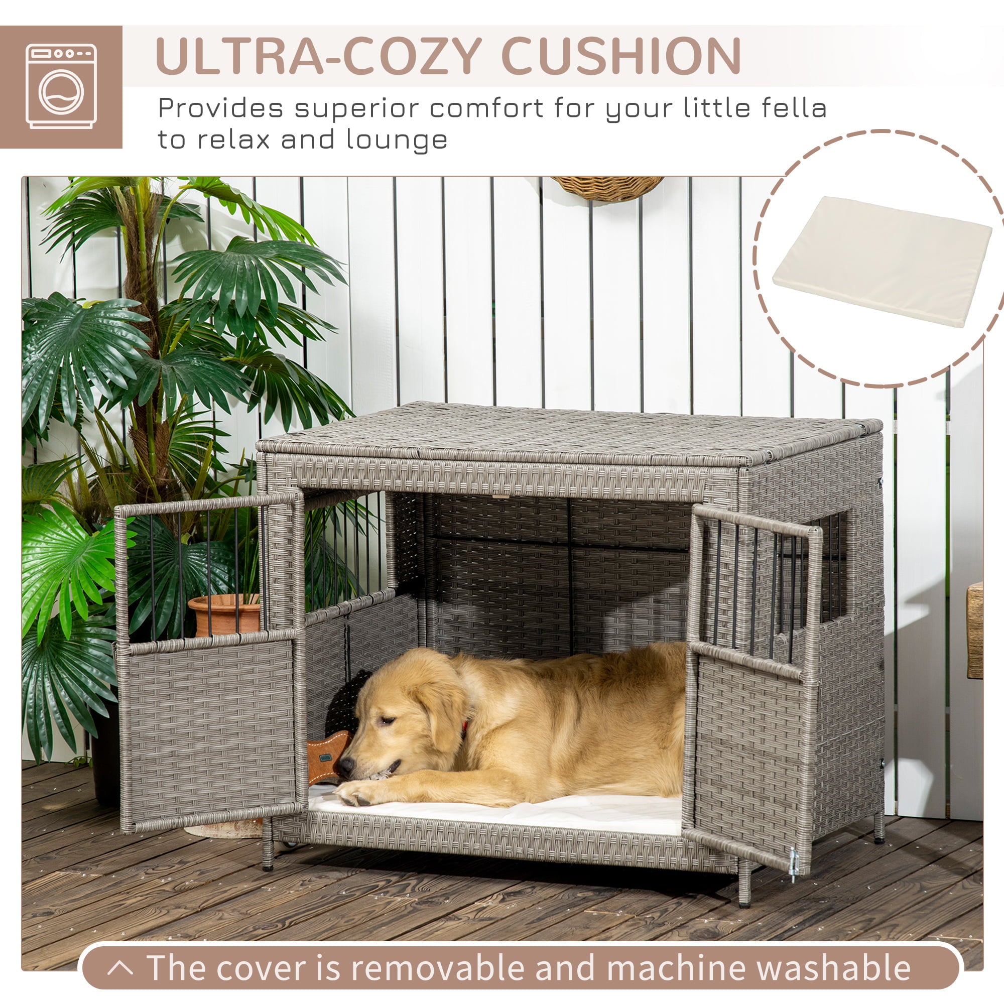 PawHut Rattan Dog Crate with Double Doors， Wicker Dog Cage with Large Entrance and Soft Washable Cushion， Dog Kennel Furniture for Medium to Large Sized Dogs， Grey