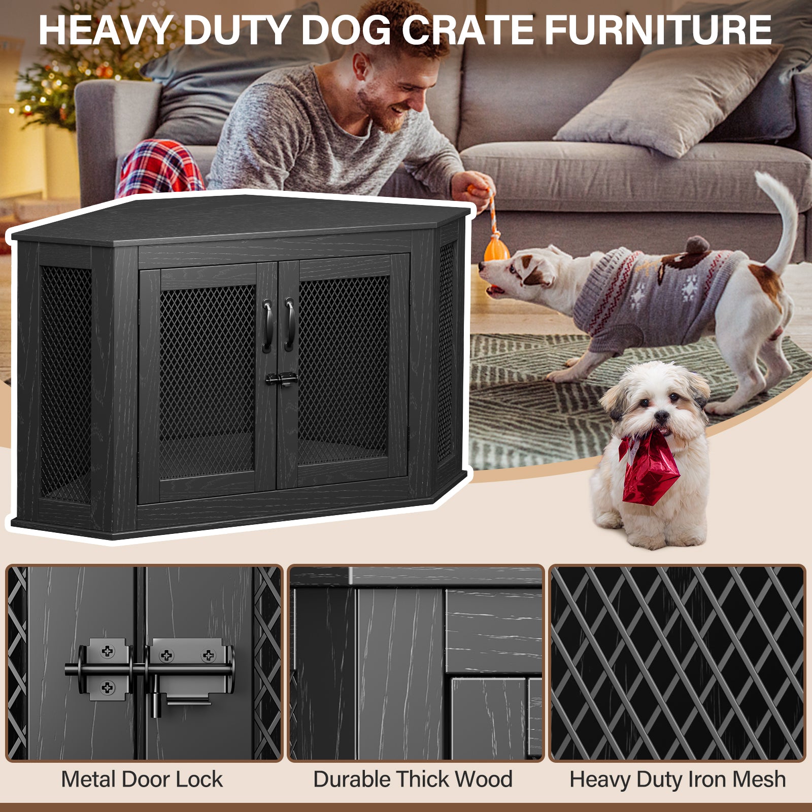 Corner Dog Crate， Wooden Dog Kennel with Cushion， Indoor Dog Crate Cage for Small Medium Dogs， Perfect for Limited Room， L Size， Black