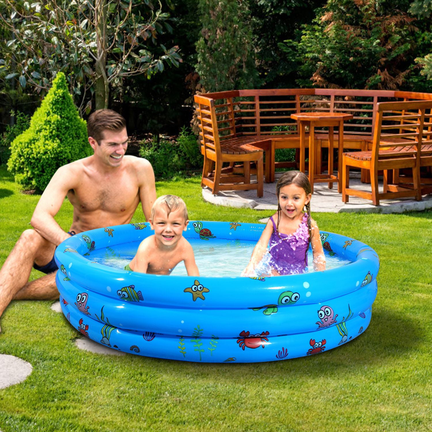 Kid Family Pool， 51x13” Inflatable Swimming Pool for 3 Kids with 4 Velvets Bottom Water Drain Plug