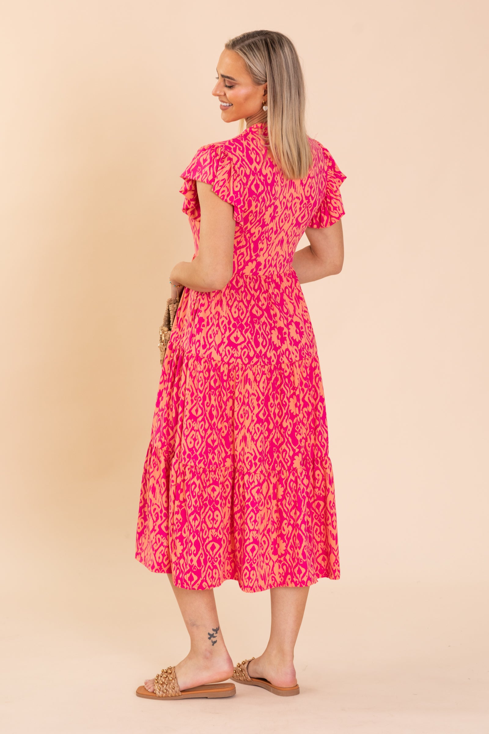 Fuchsia Collared Notch Knit Dress With Pockets