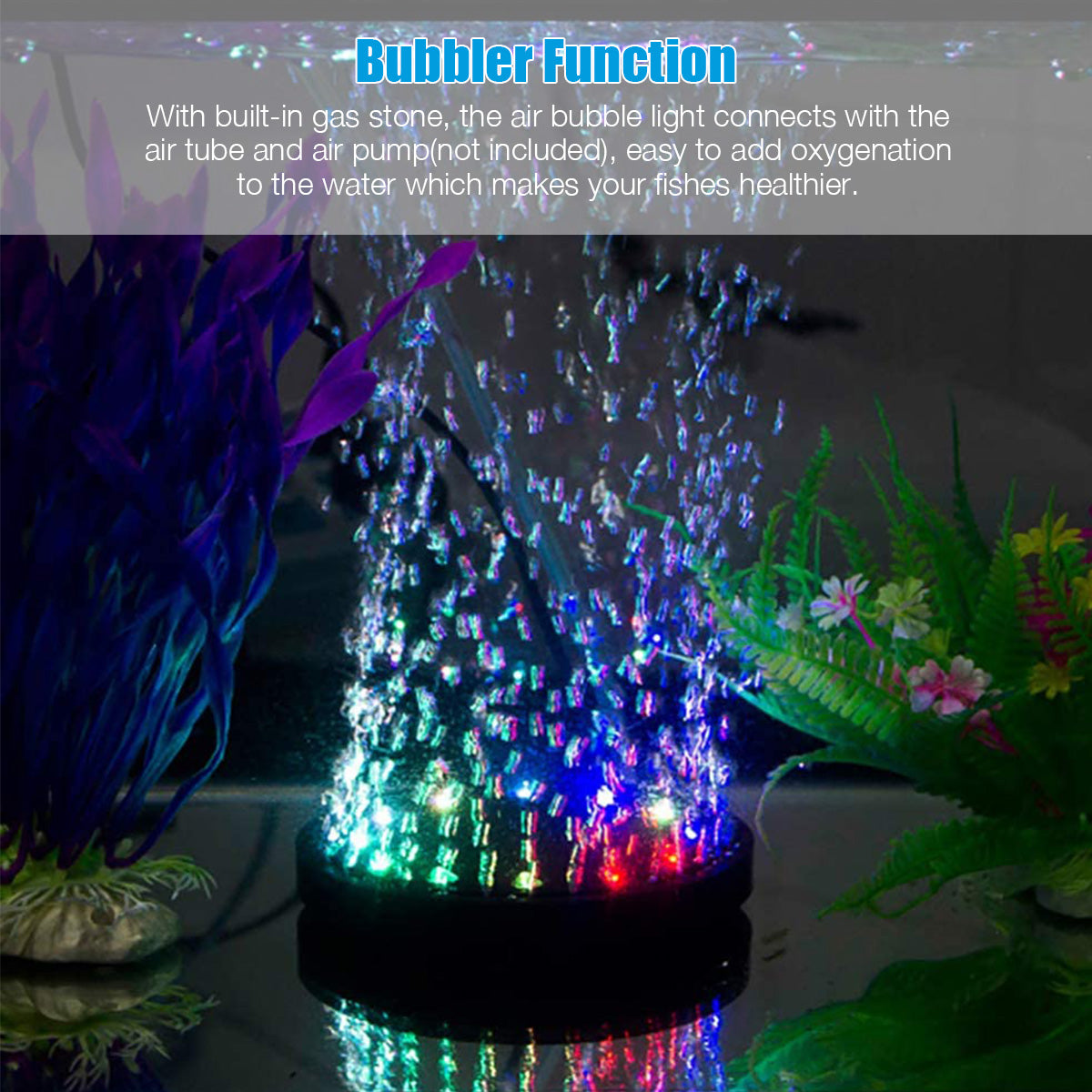 Aquarium Bubbler LED Light Air Stone Lamp Colorful Underwater Round Fish Tank
