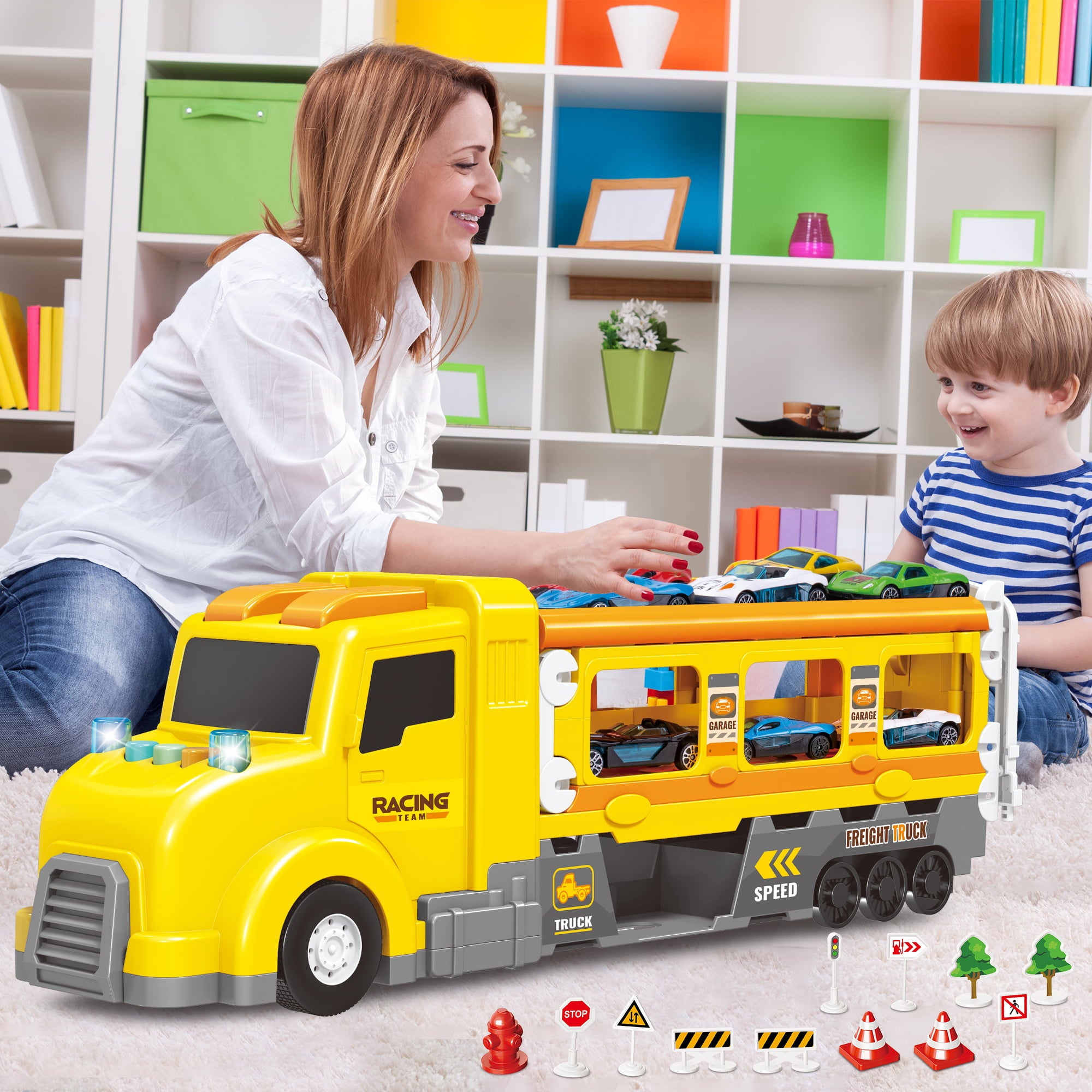 Beefunni Car Carrier Truck for Kids Age 3-8 Sound and Light Transport 7 in 1 Vehicle Playset Racing Game w/ Launch Track