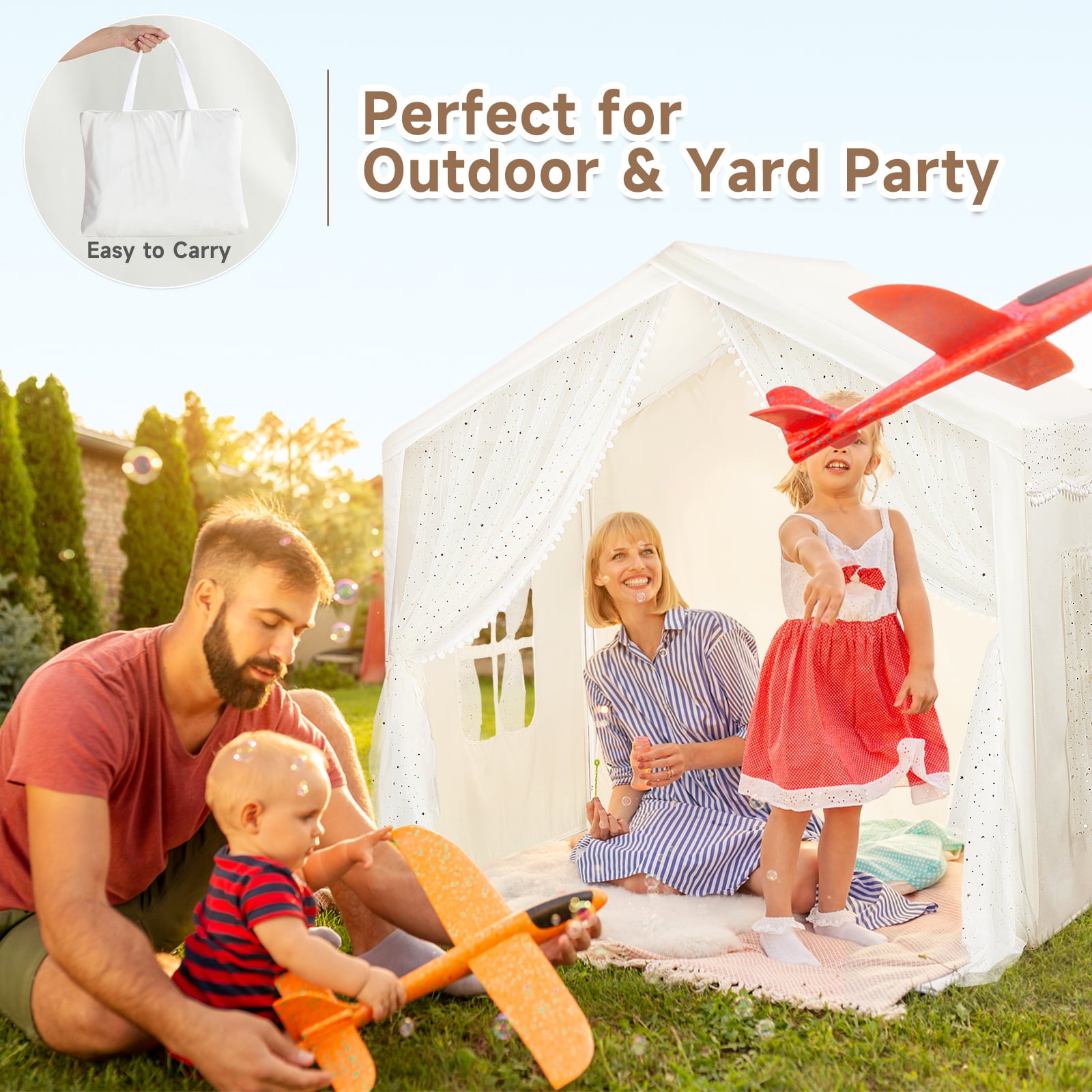 LOAOL Large Kids Tent with LED Lights&Travel Bag, Princess Castle Toddler Play Tent Indoor and Outdoor Playhouse, White Cotton Canvas