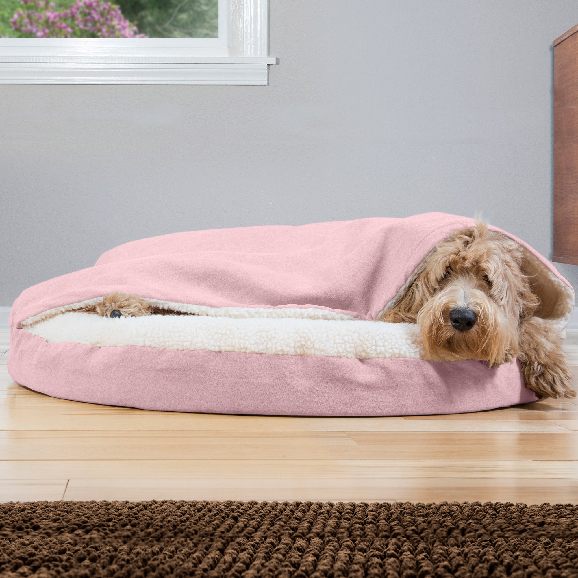 FurHaven Pet Products Orthopedic Faux Sheepskin Snuggery Burrow Pet Bed for Dogs & Cats, Pink, 35