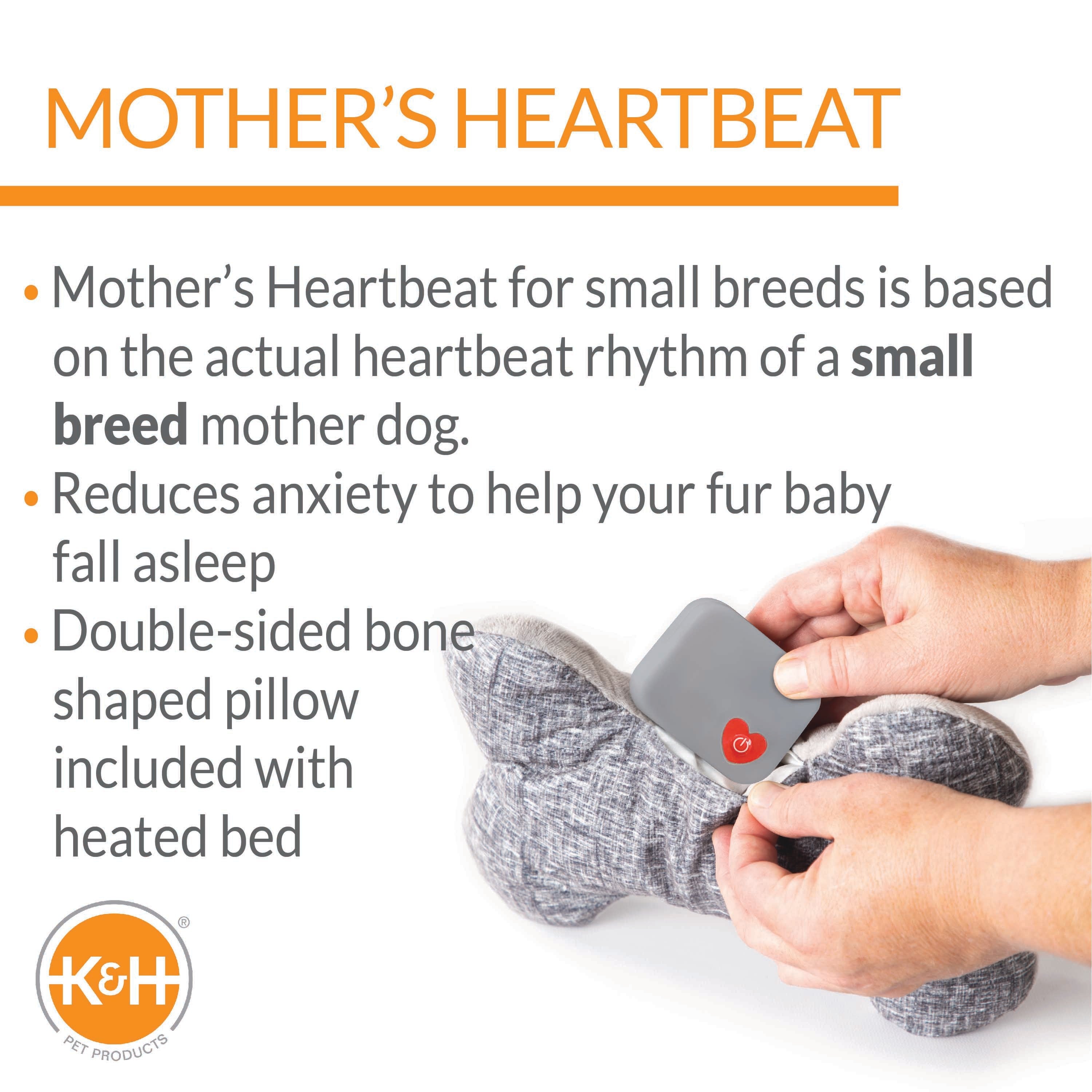 KandH Pet Products Mother’s Heartbeat Heated Puppy Bed Heated Bed + Bone Pillow Gray Small Breed Heartbeat 11 X 13 Inches