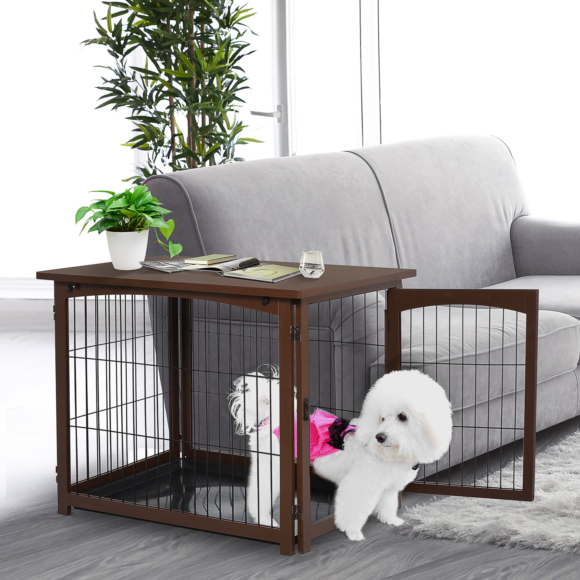 Pawhut Wooden Decorative Dog Cage Pet Crate Fence Side Table Small Animal House with Tabletop， Lockable Door， Brown