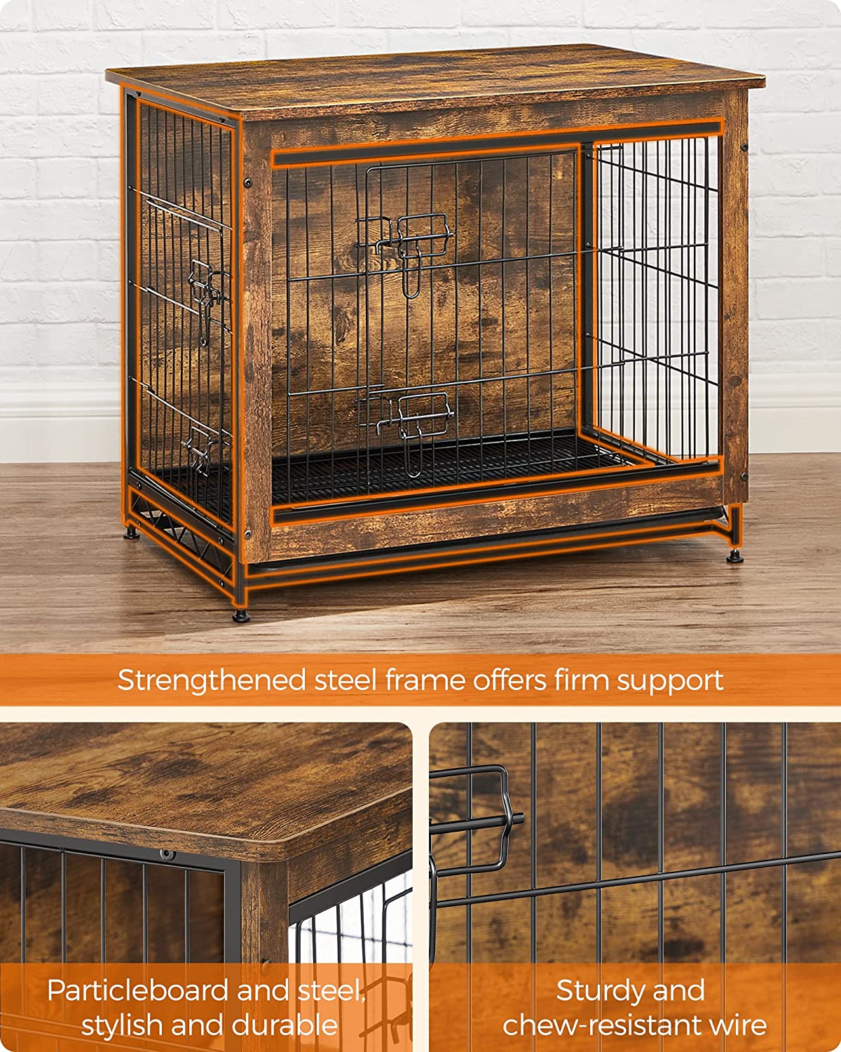 FEANDREA Dog Crate Furniture， Double-Door Dog House， Rustic Brown