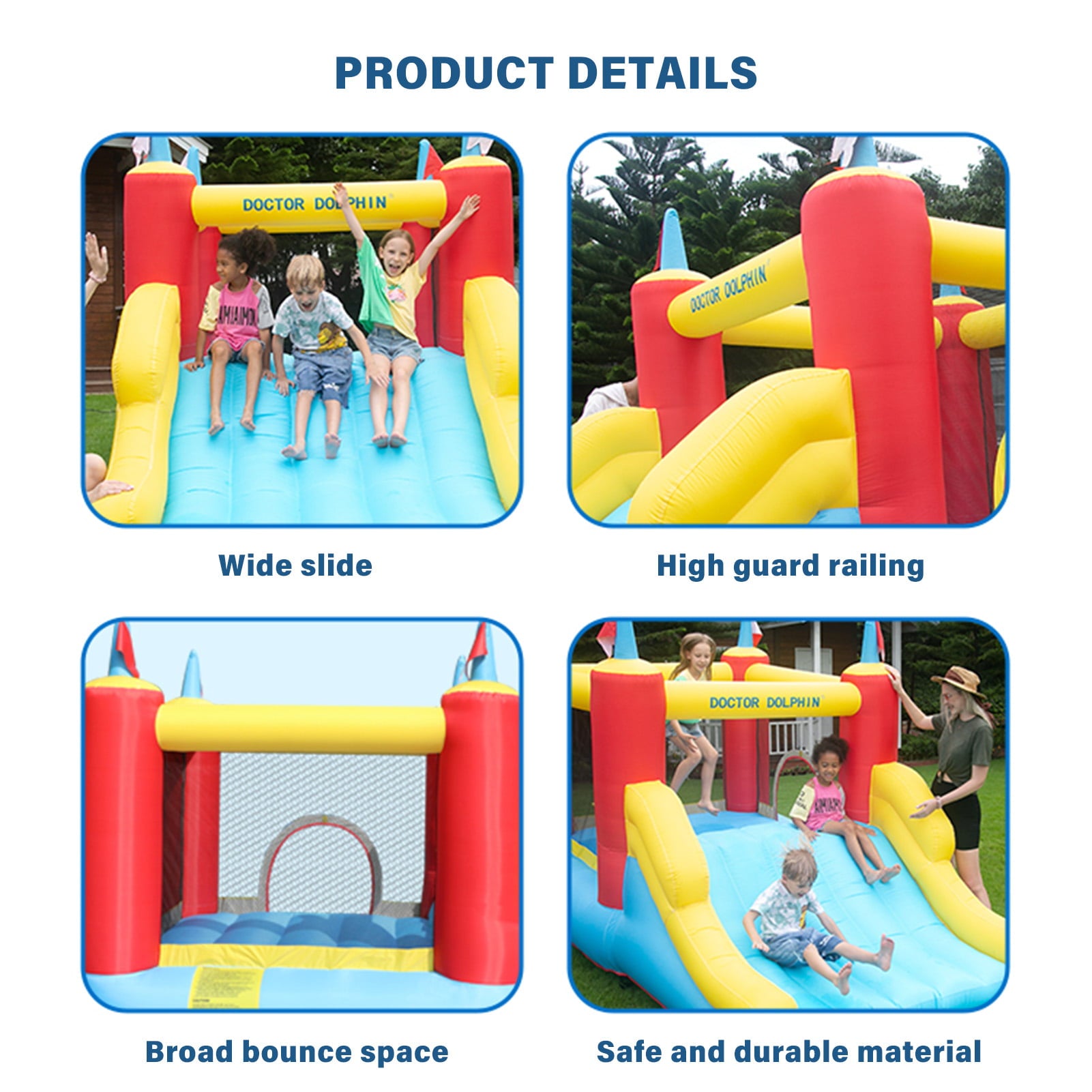 Doctor Dolphin Inflatable Bounce House with Wide Water Slide Kids Water Park with Blower for Backyard Party