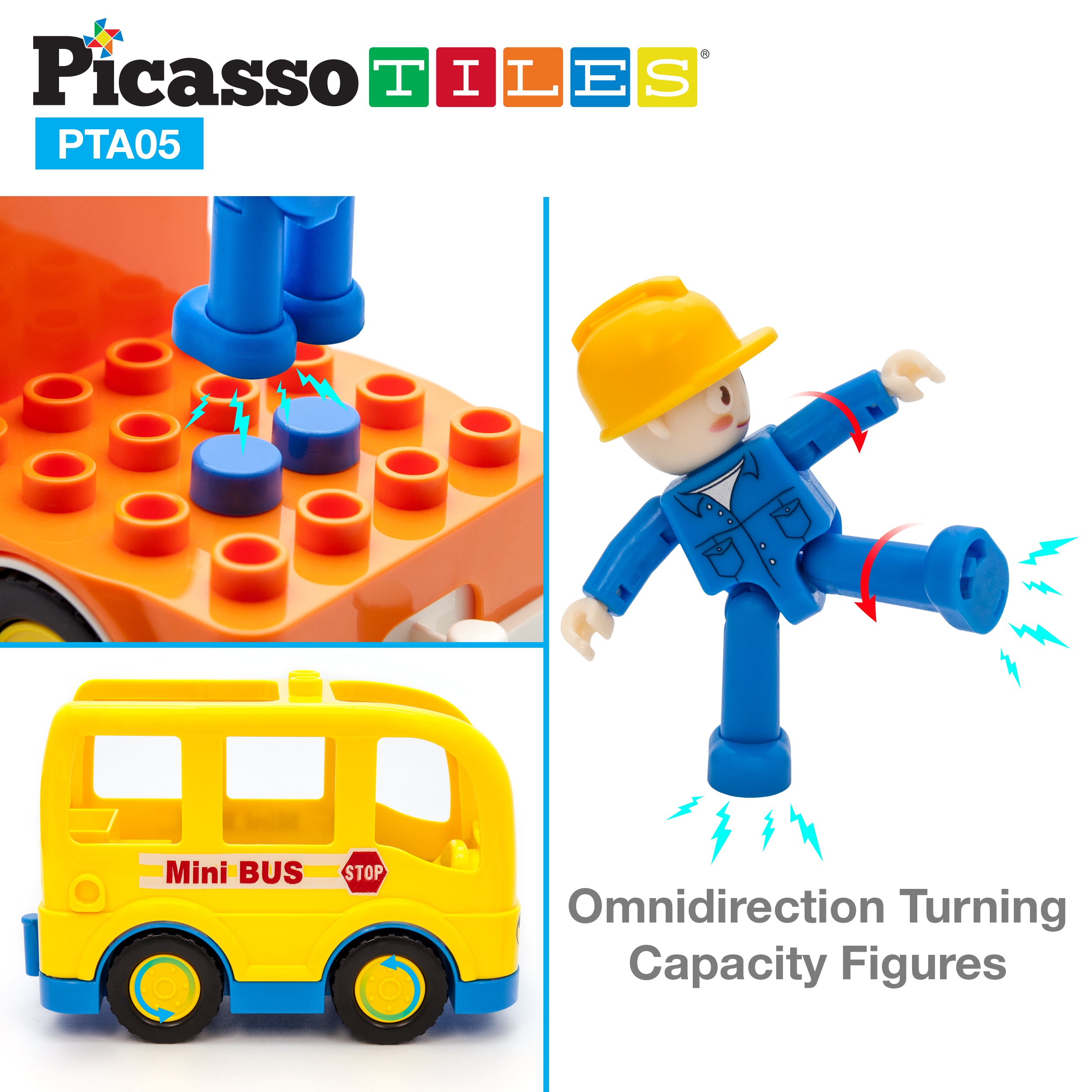 PicassoTiles 5 Piece Vehicle Character and Action Figure Expansion Set PTA05