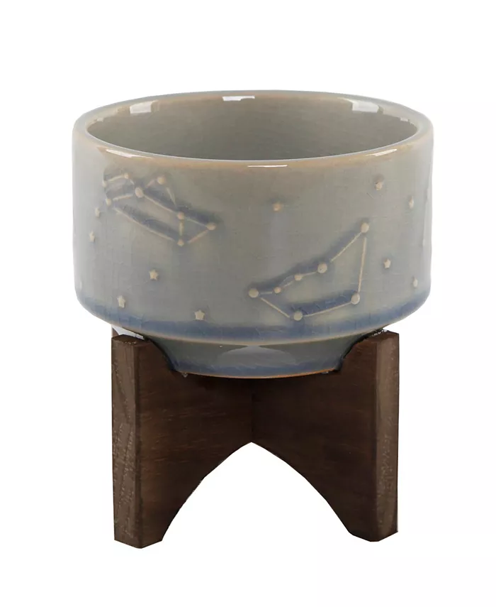 Flora Bunda Constellation Ceramic Planter Pot on Wood Stand， 4.25