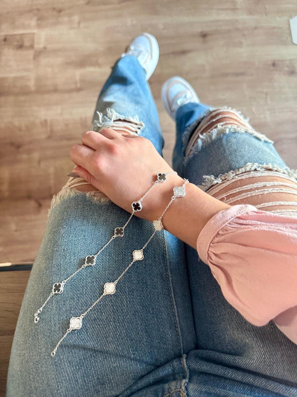 Pulseira 5 Trevos Pedra Madrepérola Natural