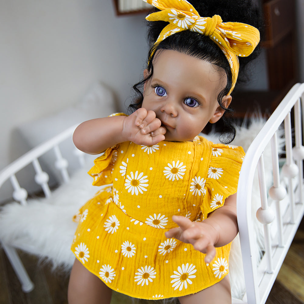 Reborn Baby Dolls Girl 22 Inch Realistic Newborn Baby Doll, Black Skin Baby Doll with Soft Body Silicone Limbs Weighted Reborn Toddler Gift for Children Age 3+