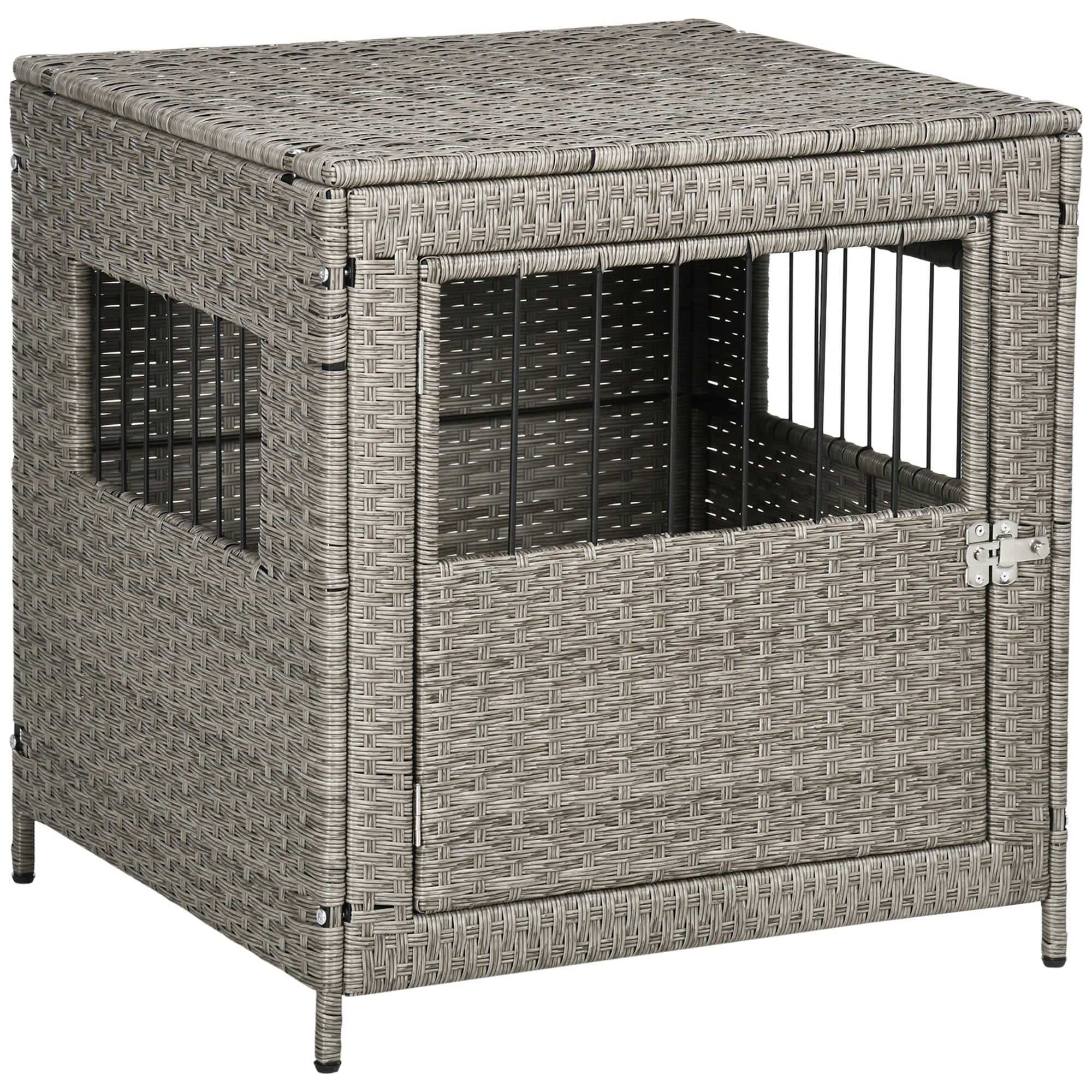 PawHut Rattan Dog Crate， Wicker Dog Cage with Lockable Door and Soft Washable Cushion， Dog Kennel Furniture for Small Sized Dogs， Grey
