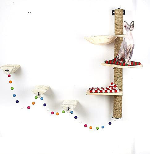 Wall Mounted Cat Scratching Post Multi Level Cat Shelves with Solid Wood Steps and Sunny Seat Hammock