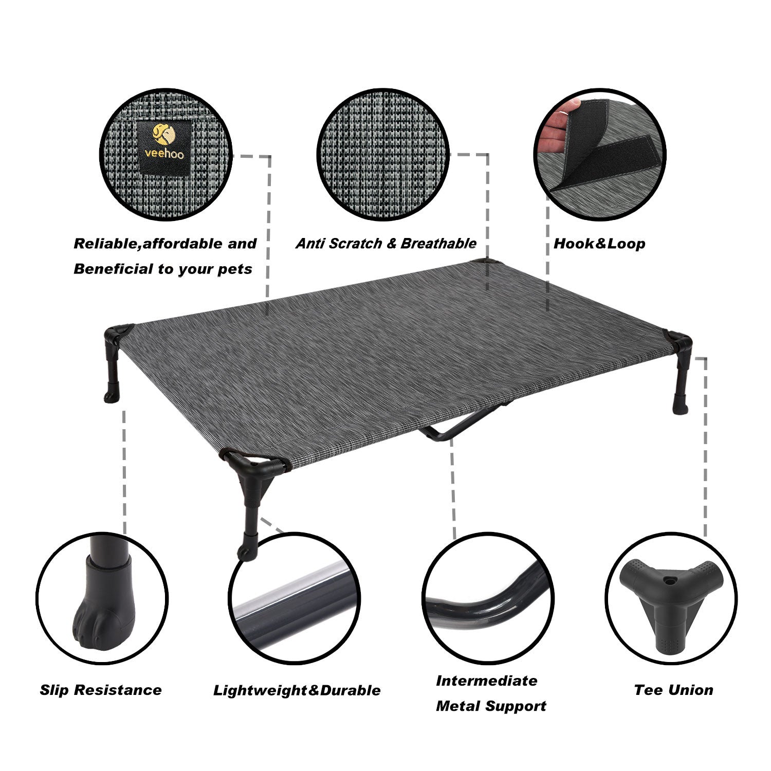 Veehoo Cooling Elevated Dog Bed， Portable Raised Pet Cot with Washable Mesh， XX-Large， Black Silver