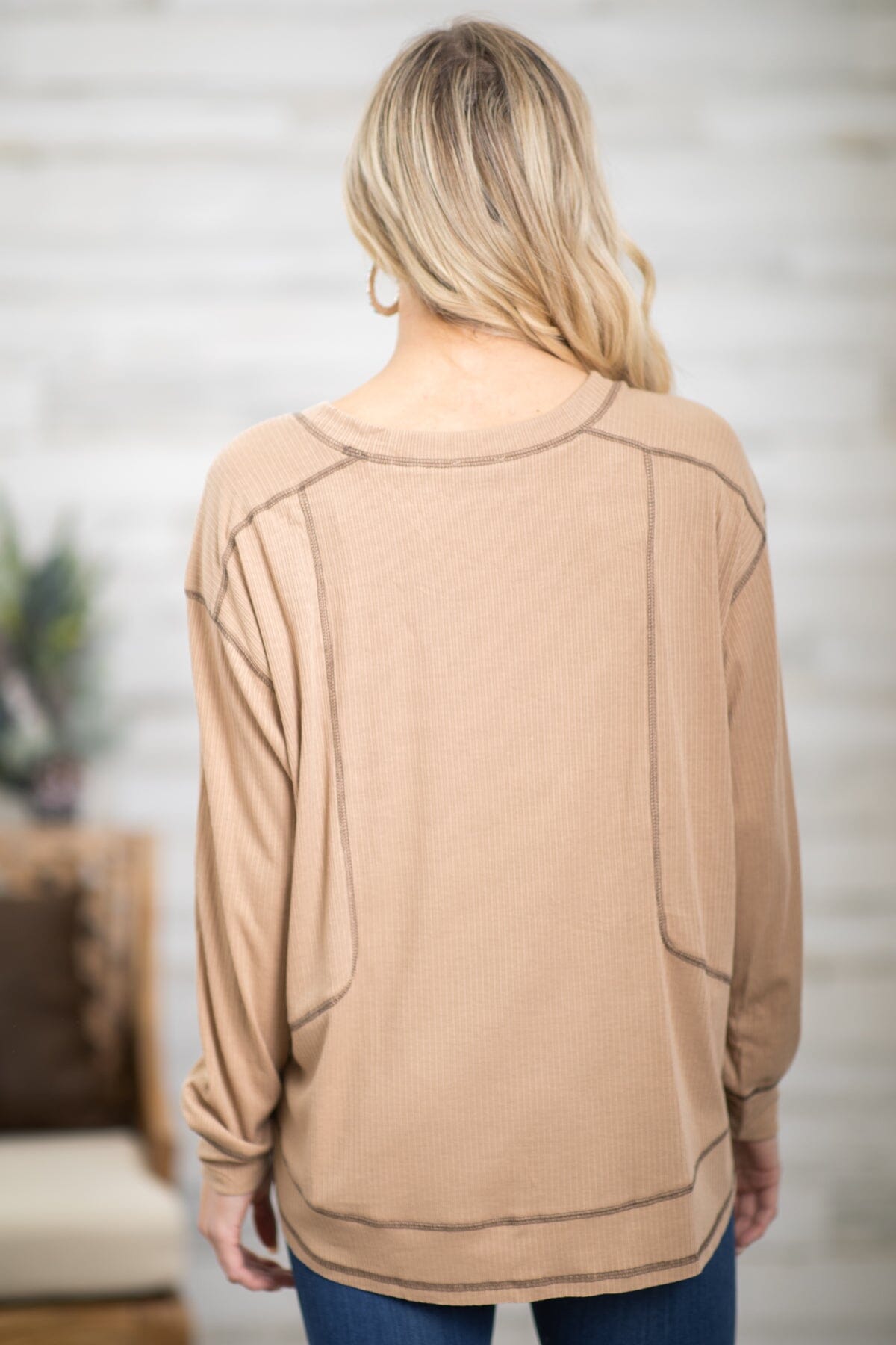 Taupe Contrast Seam V-Neck Top