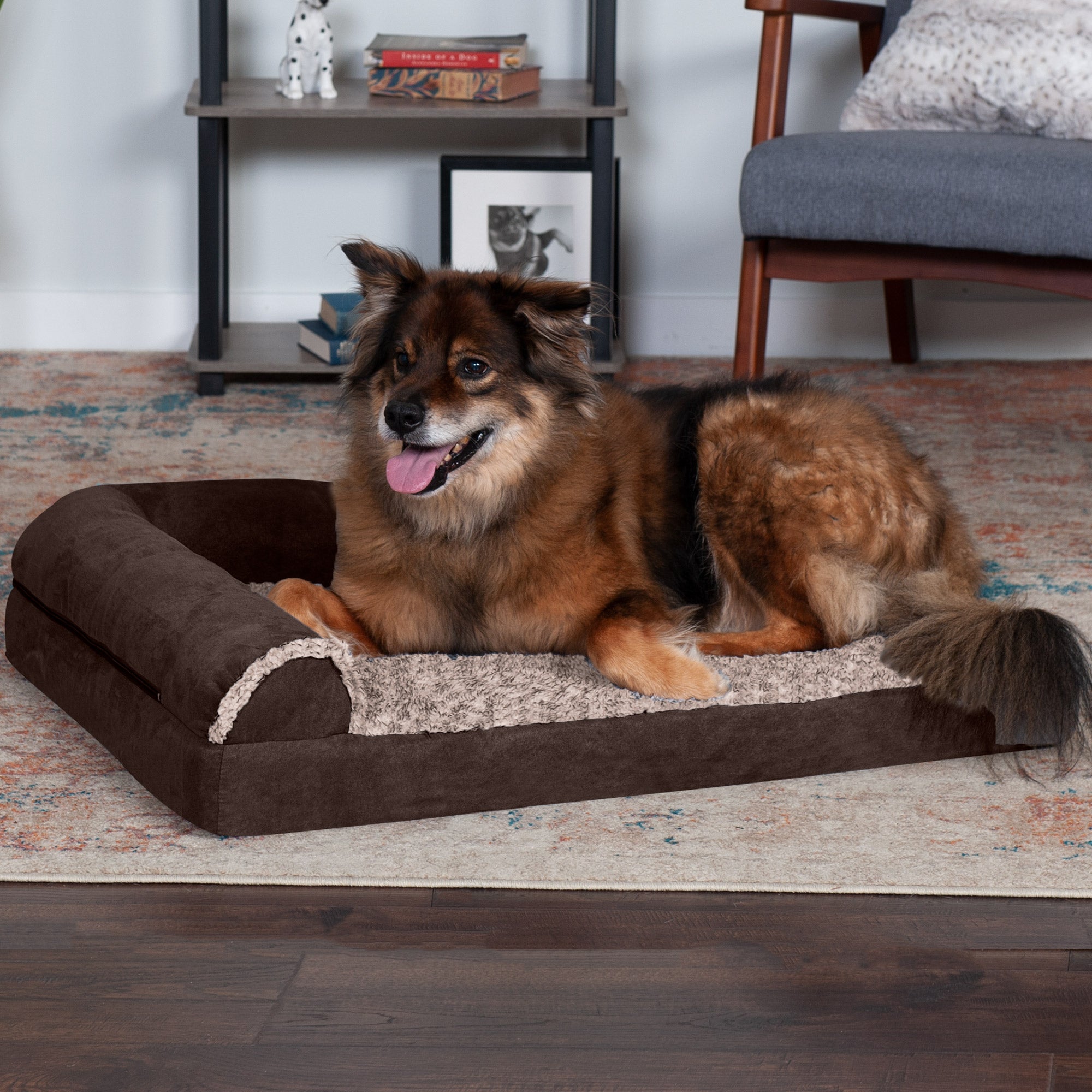 FurHaven Pet Products | Deluxe Memory Foam Chaise Faux Fur and Suede L-Shaped Lounge Sofa Pet Bed for Dogs and Cats， Espresso， Large