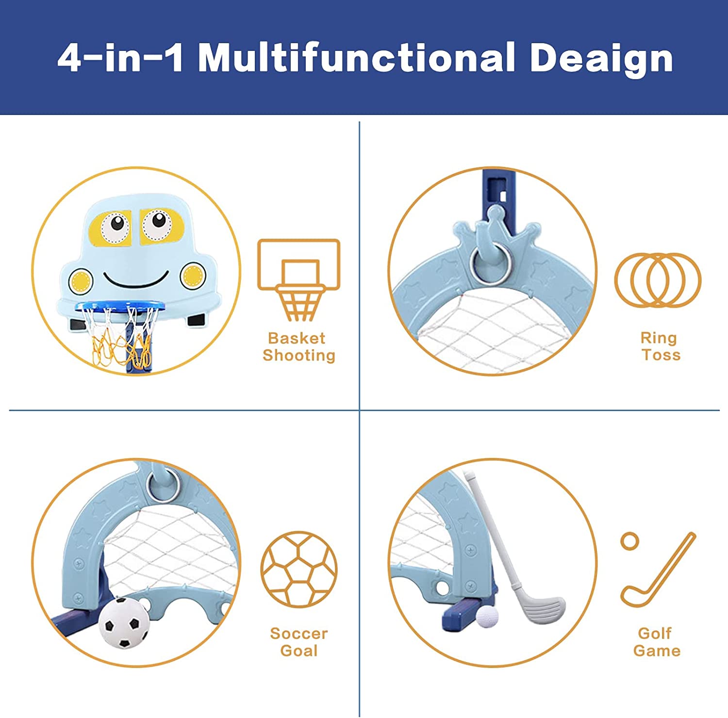 Nukied Toddler Basketball Hoop 4-in-1 Sports Activity Center Indoor and Outdoor for Basketball Hoop Football/Soccer Goal Golf Game Ring Toss Play Set Best Gift for Toddlers and Kids