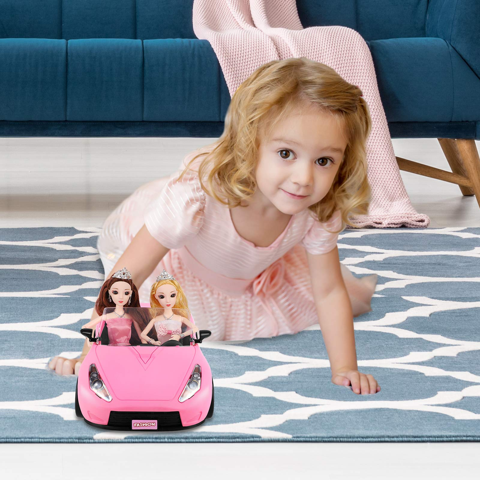 SUPER JOY Convertible Car， Pink Convertible Doll Vehicle with Working Seat Belts Dolls Toy Car for Dolls Accessories Set Great Gift for Girls