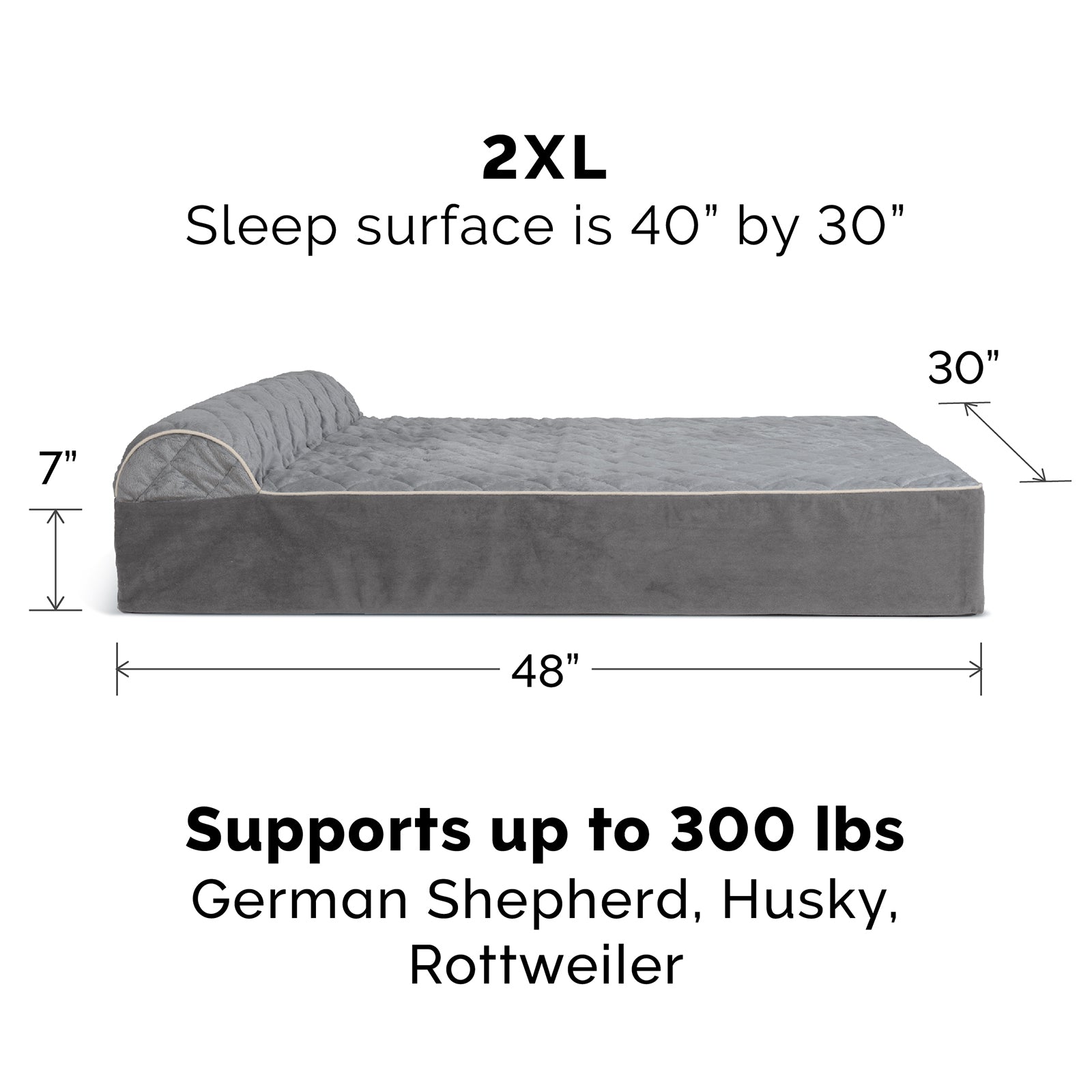 FurHaven | Orthopedic Goliath Quilted Faux Fur and Velvet Chaise Lounge Pet Bed for Dogs and Cats， Gray， 2XL