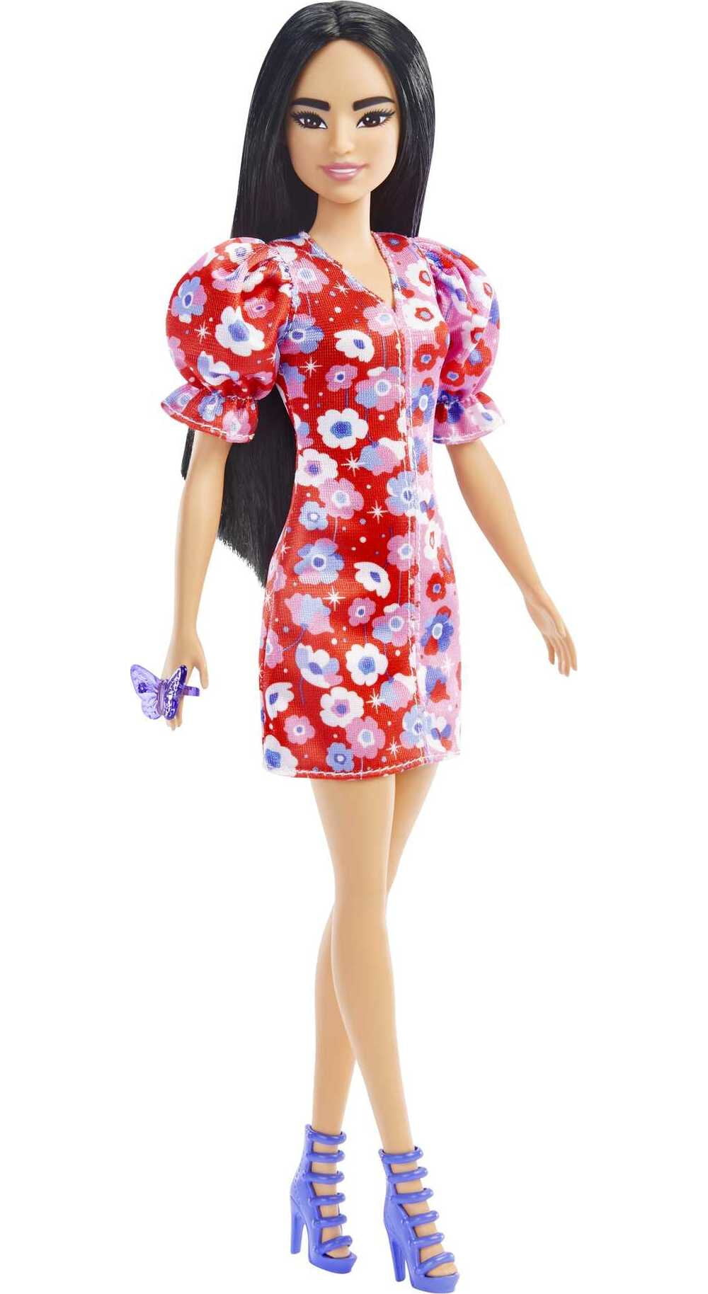 Barbie Fashionistas Doll #177 with Black Hair in Floral Dress & Strappy Heels
