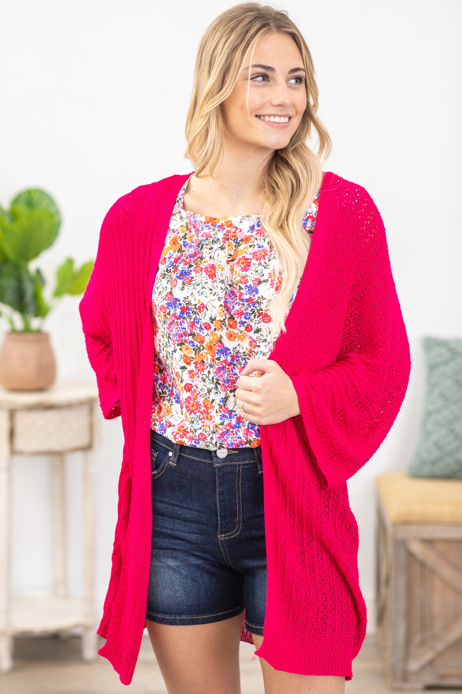 Hot Pink Lightweight Crochet Knit Cardigan