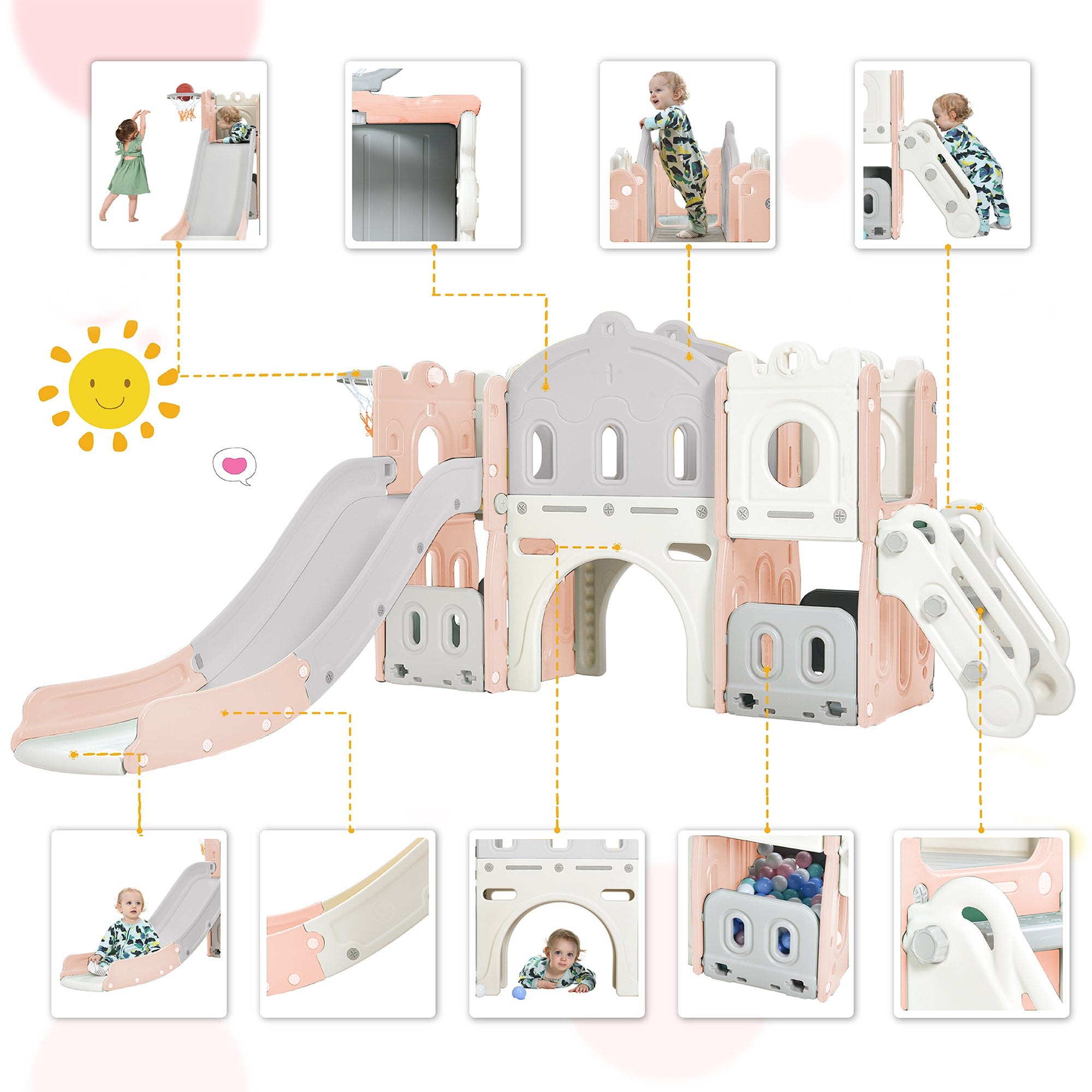 Andoer Kids Slide Playset Structure， Freestanding Castle Climber with Slide and Basketball Hoop， Toy Storage Organizer for Toddlers， Kids Climbers Playhouse for Indoor Outdoor Playground Activity