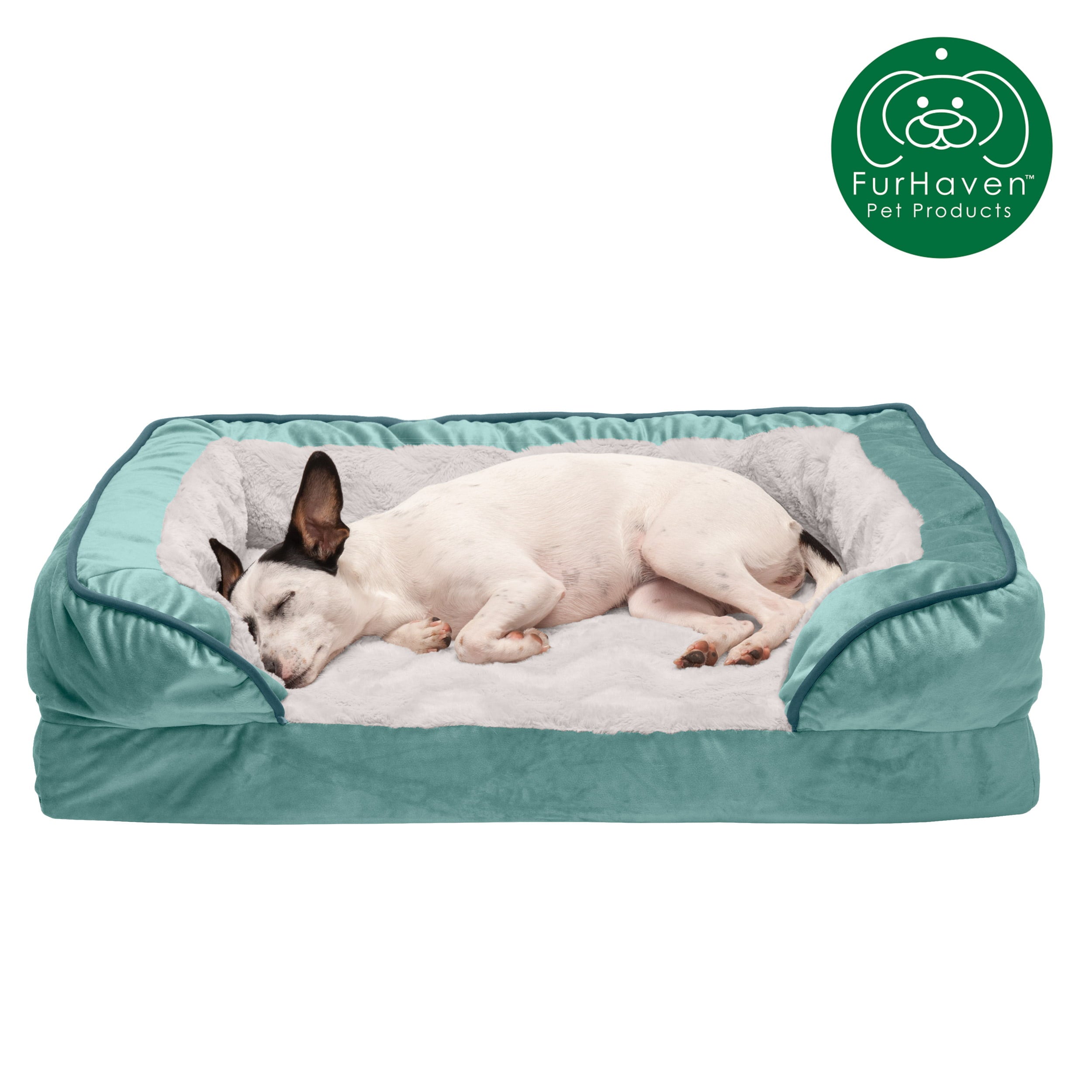 FurHaven Pet Products | Full Support Orthopedic Perfect Comfort Velvet Waves Sofa Pet Bed Dogs and Cats - Celadon Green， Medium