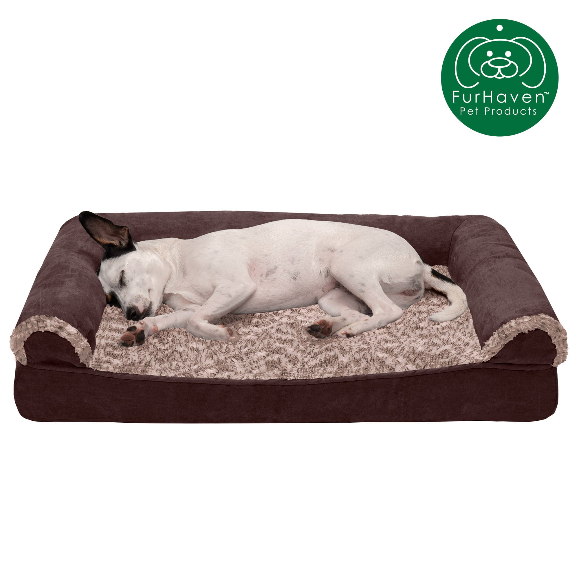 FurHaven Pet Products | Cooling Gel Memory Foam Orthopedic Two-Tone Faux Fur and Suede Sofa-Style Couch Pet Bed for Dogs and Cats， Espresso， Medium