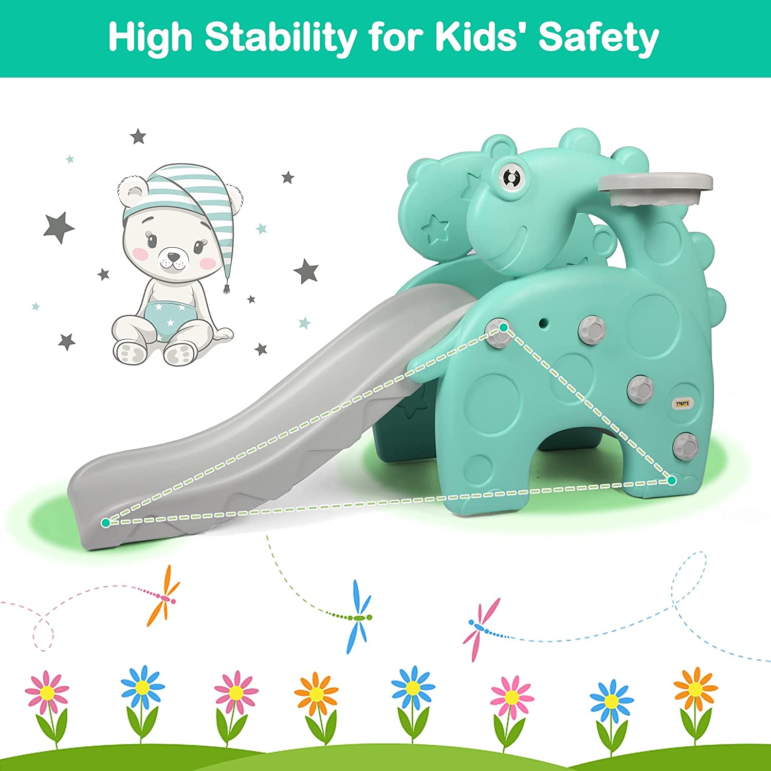 Toddlers Slide and Climber Set - 4 in 1 Play Slide + 3-Step Climbers + Basketball Hoop + 3-Color Ring Toss， Kids Indoor Slide Slipping Backyard Playground Have Fun， Green